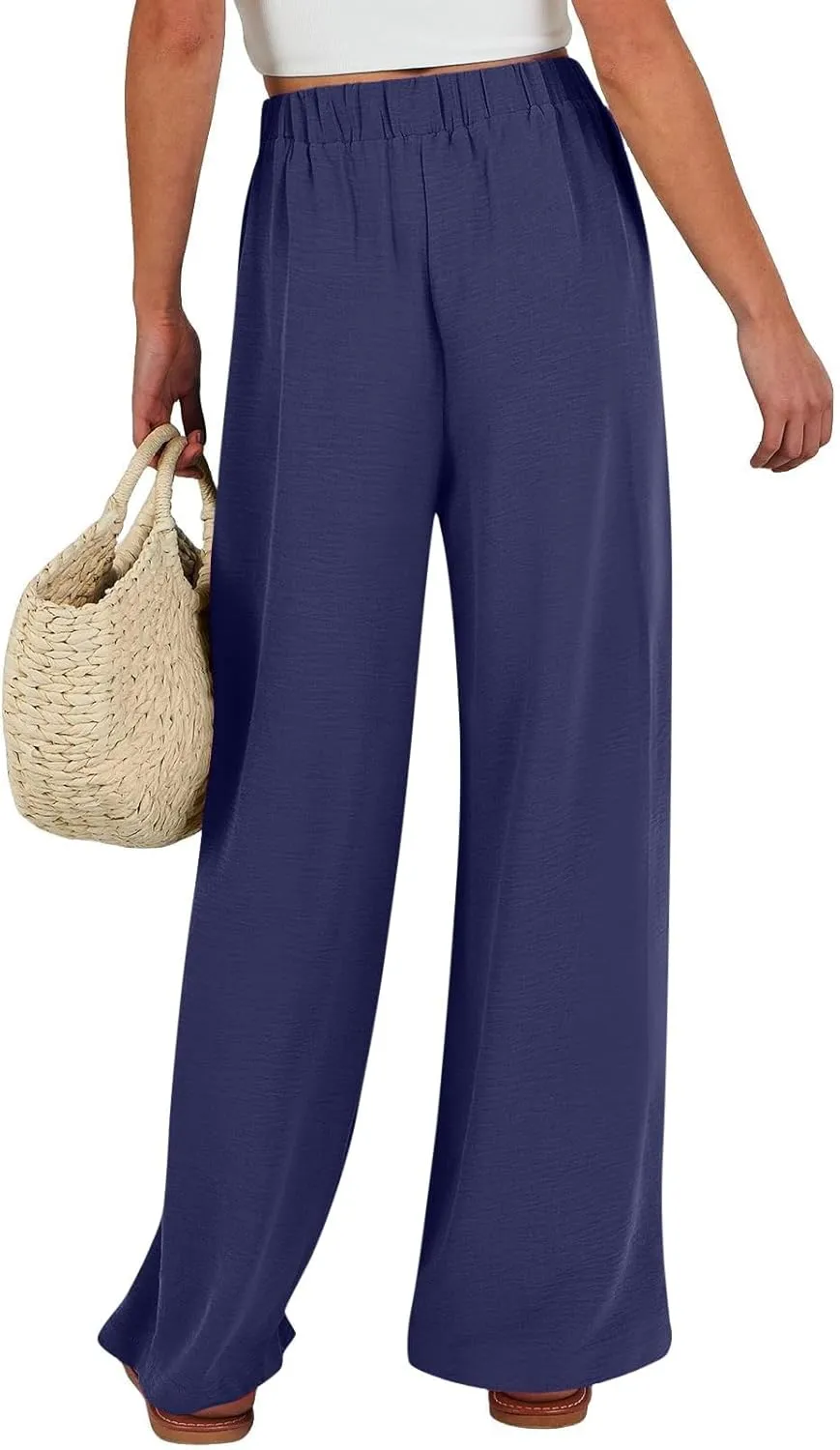 Linen Palazzo Pants for Women Flowy Wide Leg High Waist Drawstring Elastic Trousers with Pockets Lounge Baggy Pant
