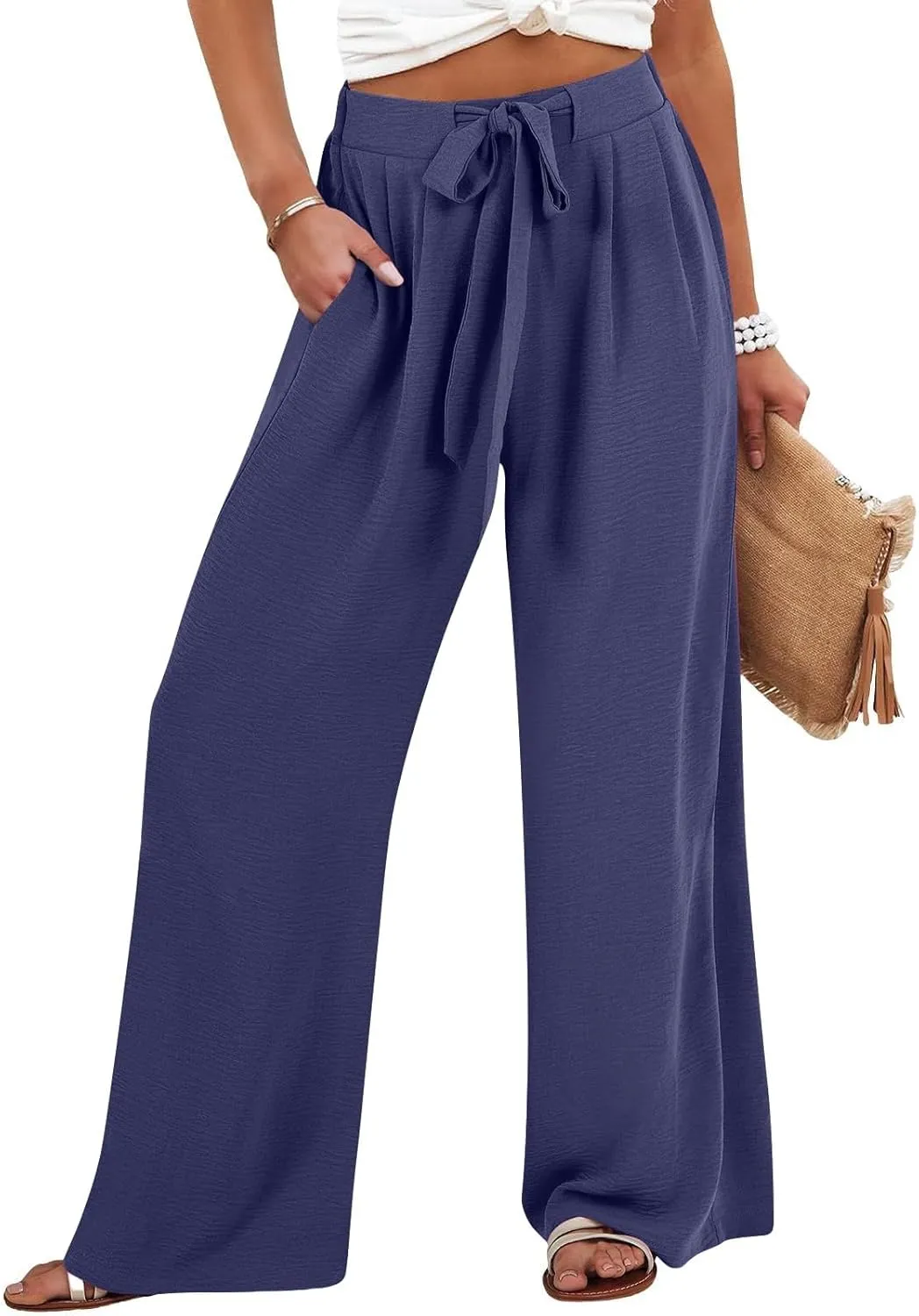 Linen Palazzo Pants for Women Flowy Wide Leg High Waist Drawstring Elastic Trousers with Pockets Lounge Baggy Pant
