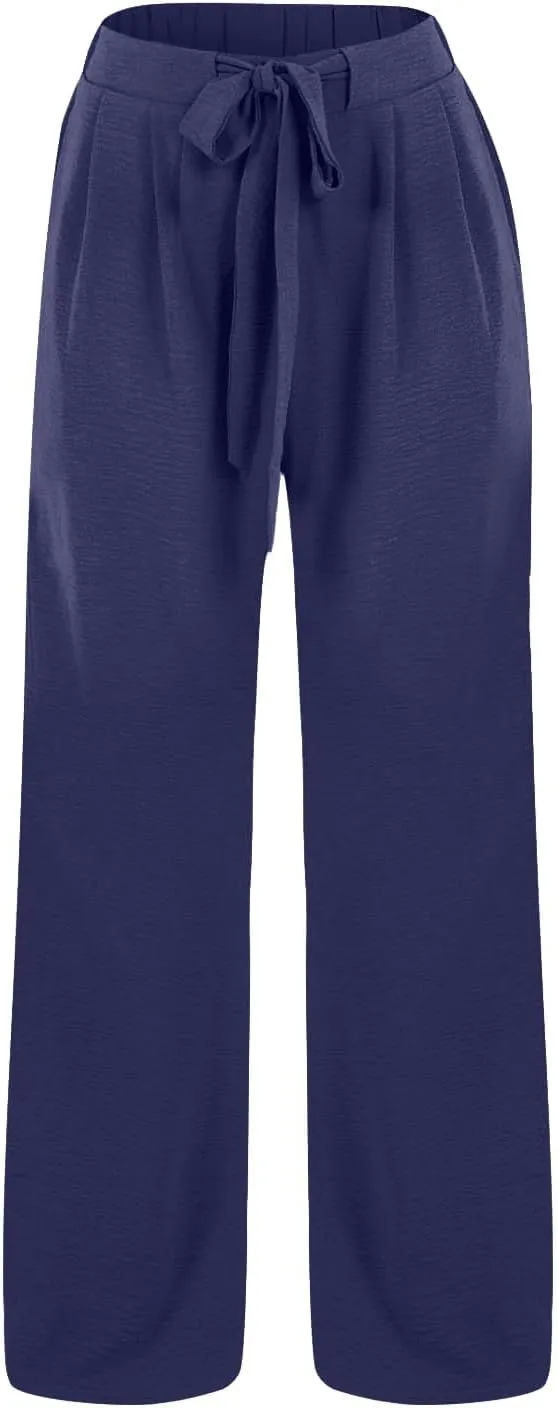 Linen Palazzo Pants for Women Flowy Wide Leg High Waist Drawstring Elastic Trousers with Pockets Lounge Baggy Pant