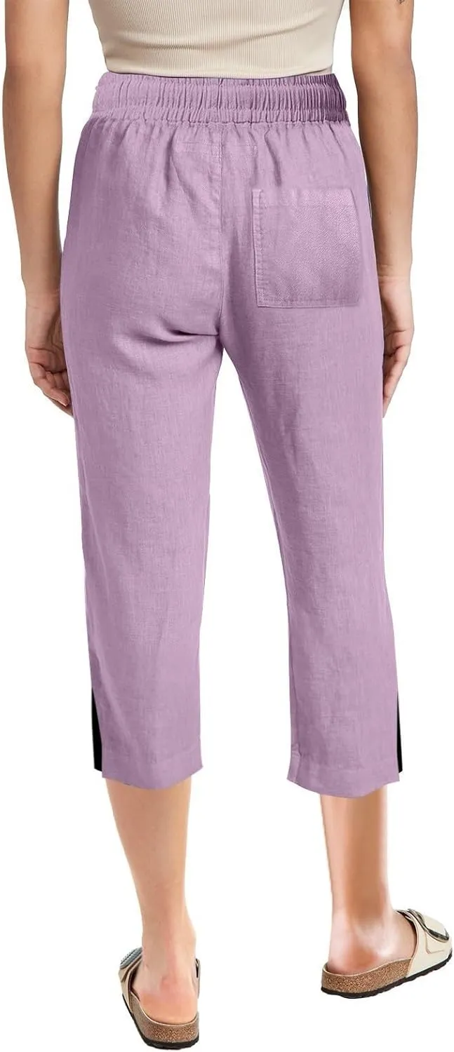 Linen Pants for Women 2025 Summer Petite Linen Pants Wide Leg Gauze Pant Striped Capri Trouser Casual Maternity Pant