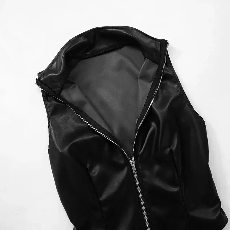 LIZAKOSHT  -  Black PU Leather Vests Women Fashion Turn Down Collar Sleeveless Zip-up Slim Crop Tank Top All Matching Streetwear Casual Outfit