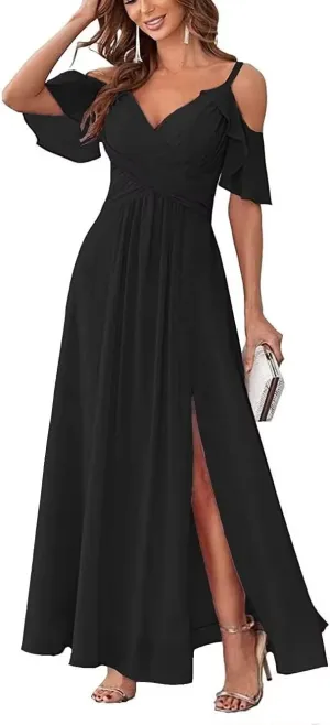 Long Bridesmaid Dresses for Women Chiffon V Neck A Line Ruched Formal Evening Dress with Slit