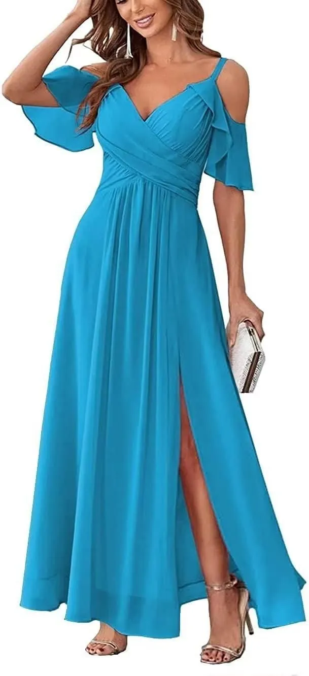Long Bridesmaid Dresses for Women Chiffon V Neck A Line Ruched Formal Evening Dress with Slit