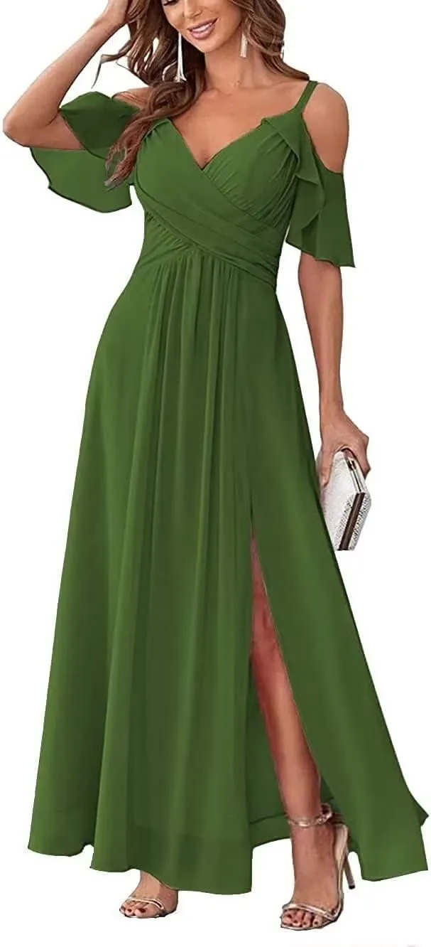 Long Bridesmaid Dresses for Women Chiffon V Neck A Line Ruched Formal Evening Dress with Slit