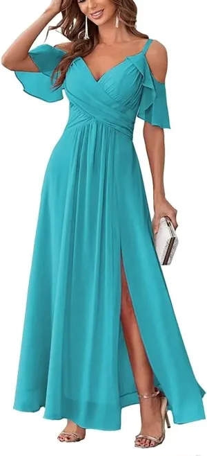Long Bridesmaid Dresses for Women Chiffon V Neck A Line Ruched Formal Evening Dress with Slit