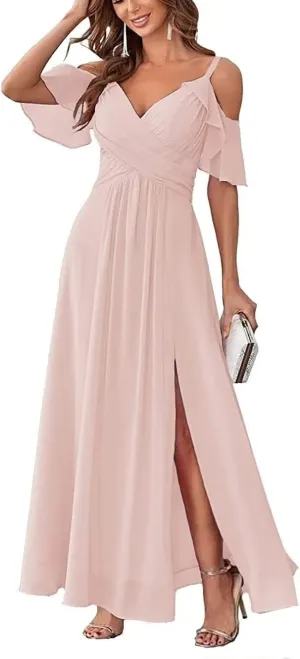 Long Bridesmaid Dresses for Women Chiffon V Neck A Line Ruched Formal Evening Dress with Slit
