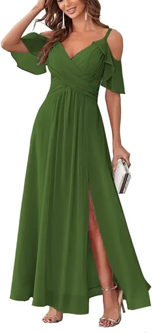 Long Bridesmaid Dresses for Women Chiffon V Neck A Line Ruched Formal Evening Dress with Slit