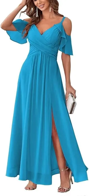 Long Bridesmaid Dresses for Women Chiffon V Neck A Line Ruched Formal Evening Dress with Slit