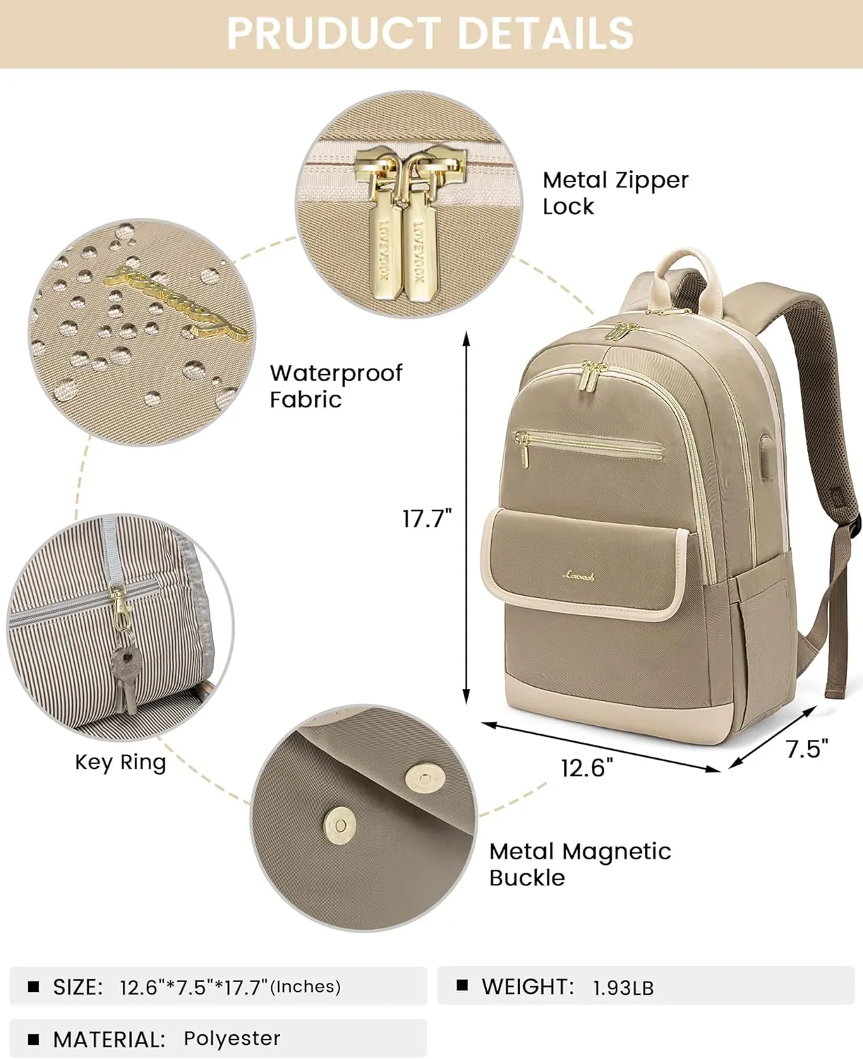 LOVEVOOK Laptop Backpack for Women,15.6 Inch Fashion Travel Backpack,Large Capacity Backpack Purse with USB,Water-resistant fits College Work Business Travel Beige & Brown