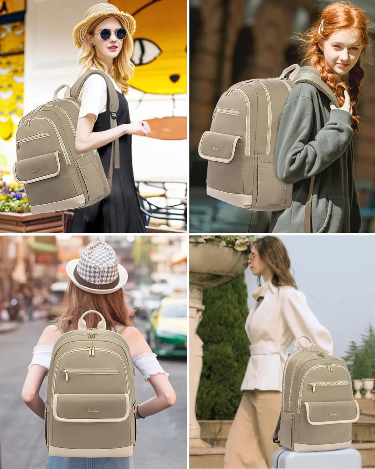 LOVEVOOK Laptop Backpack for Women,15.6 Inch Fashion Travel Backpack,Large Capacity Backpack Purse with USB,Water-resistant fits College Work Business Travel Beige & Brown
