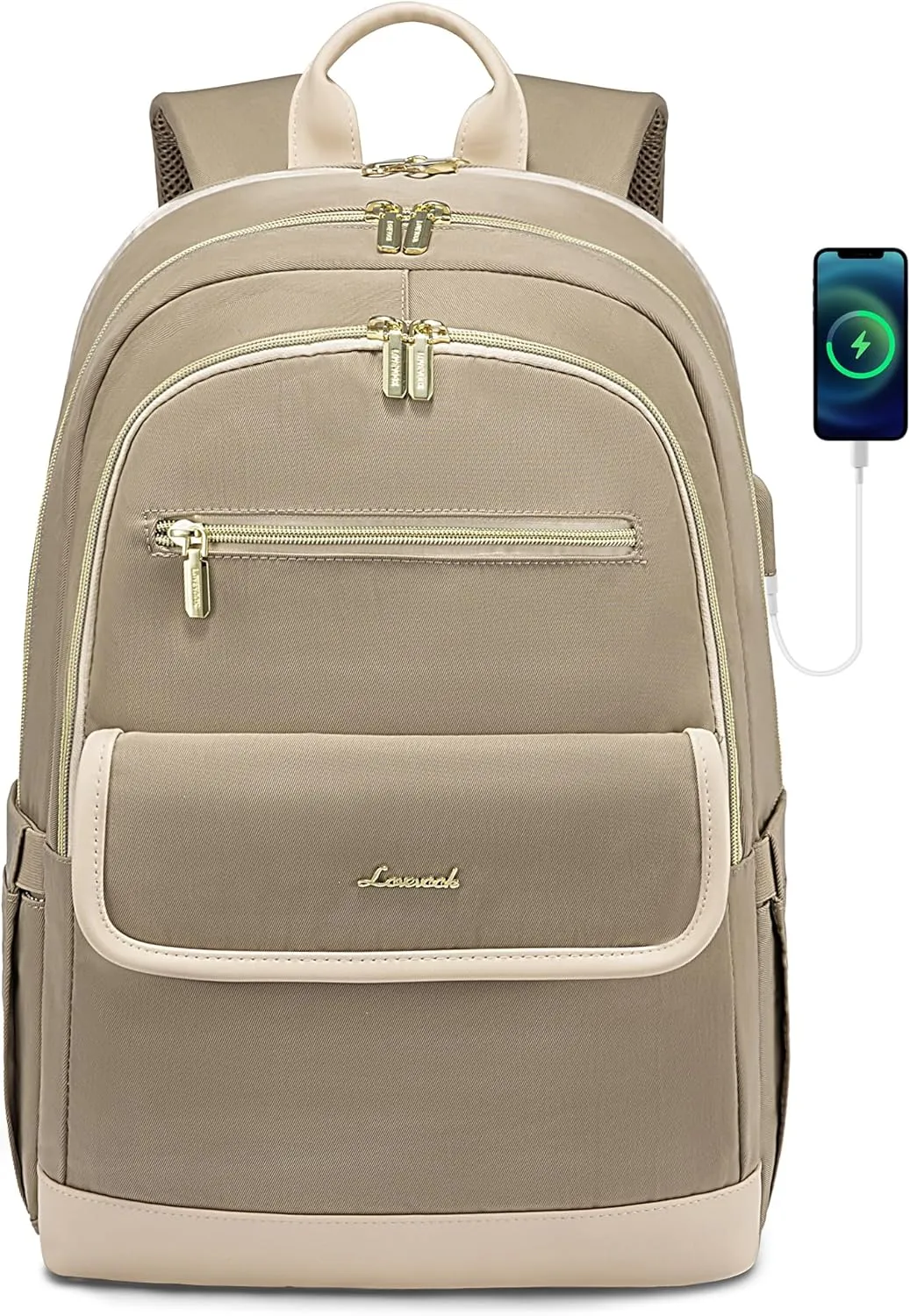 LOVEVOOK Laptop Backpack for Women,15.6 Inch Fashion Travel Backpack,Large Capacity Backpack Purse with USB,Water-resistant fits College Work Business Travel Beige & Brown