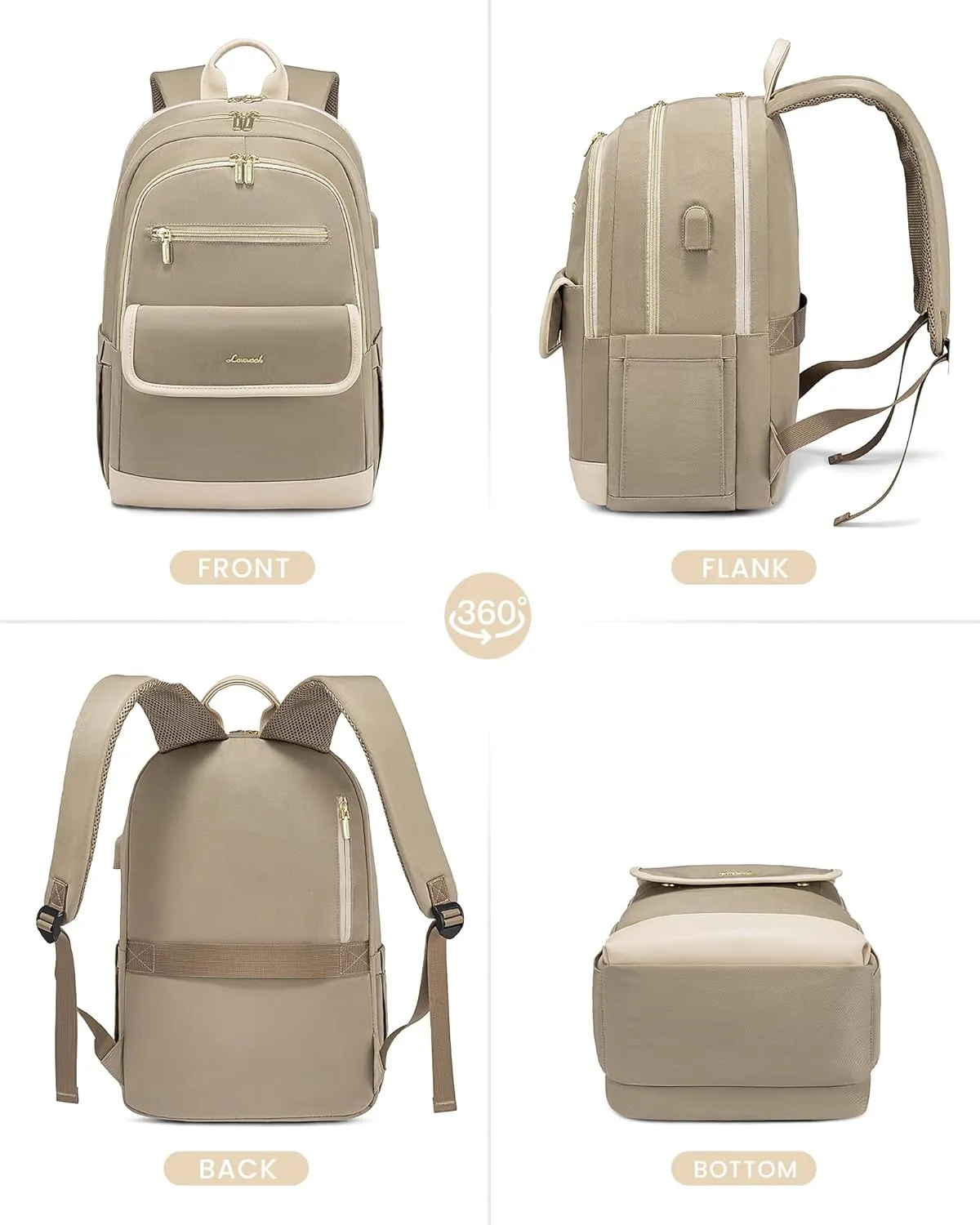 LOVEVOOK Laptop Backpack for Women,15.6 Inch Fashion Travel Backpack,Large Capacity Backpack Purse with USB,Water-resistant fits College Work Business Travel Beige & Brown
