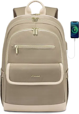 LOVEVOOK Laptop Backpack for Women,15.6 Inch Fashion Travel Backpack,Large Capacity Backpack Purse with USB,Water-resistant fits College Work Business Travel Beige & Brown