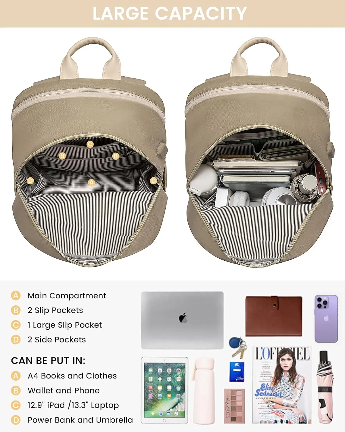 LOVEVOOK Laptop Backpack for Women,15.6 Inch Fashion Travel Backpack,Large Capacity Backpack Purse with USB,Water-resistant fits College Work Business Travel Beige & Brown