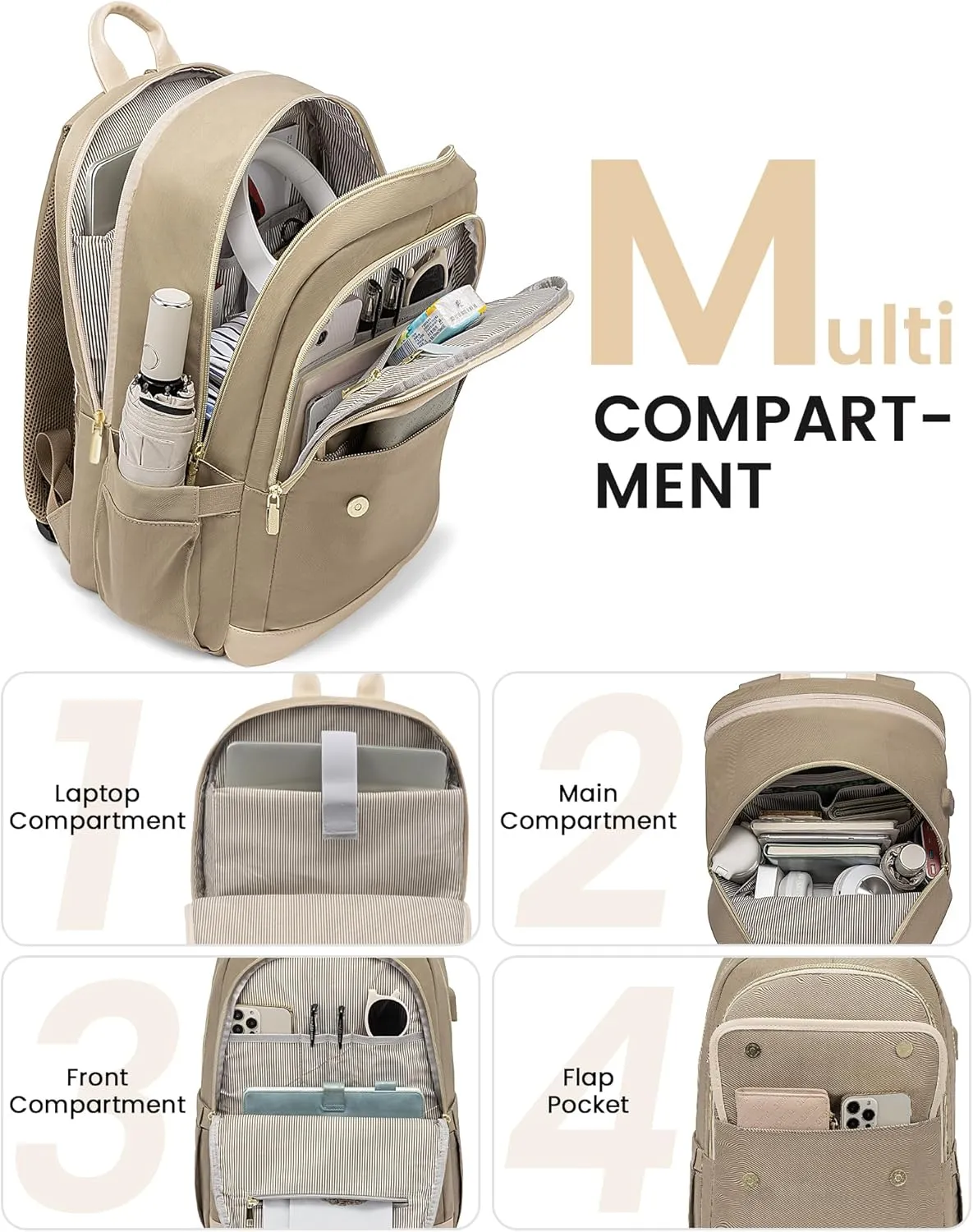 LOVEVOOK Laptop Backpack for Women,15.6 Inch Fashion Travel Backpack,Large Capacity Backpack Purse with USB,Water-resistant fits College Work Business Travel Beige & Brown