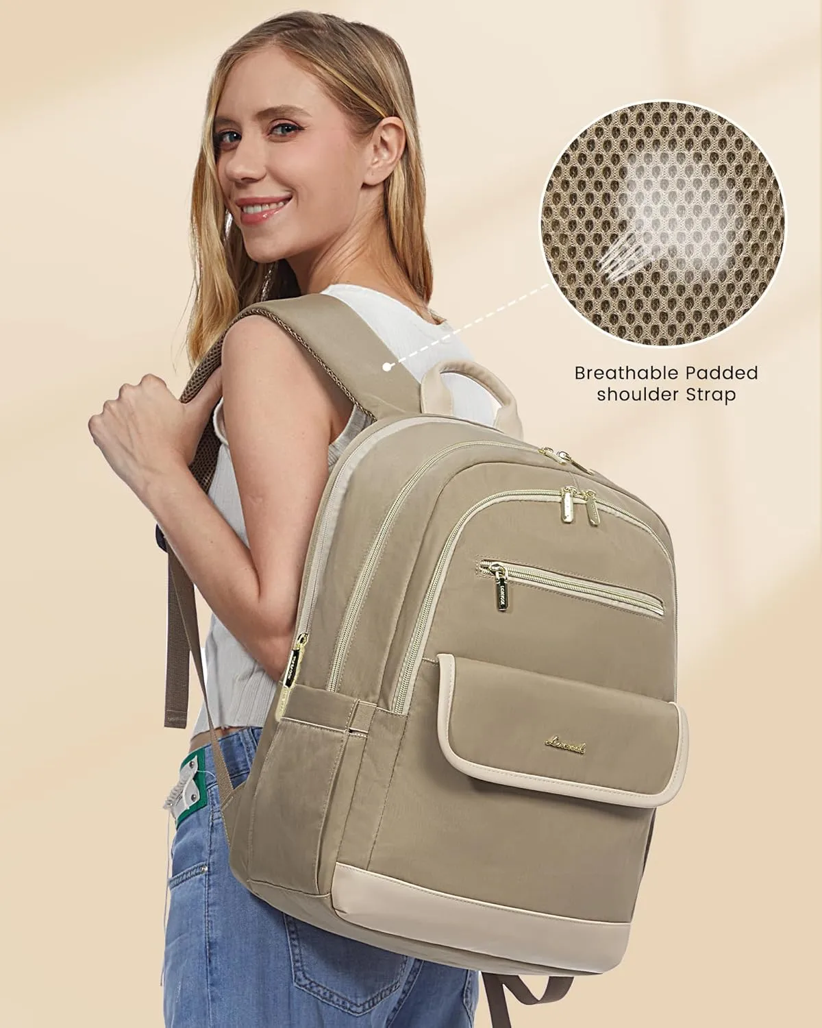 LOVEVOOK Laptop Backpack for Women,15.6 Inch Fashion Travel Backpack,Large Capacity Backpack Purse with USB,Water-resistant fits College Work Business Travel Beige & Brown