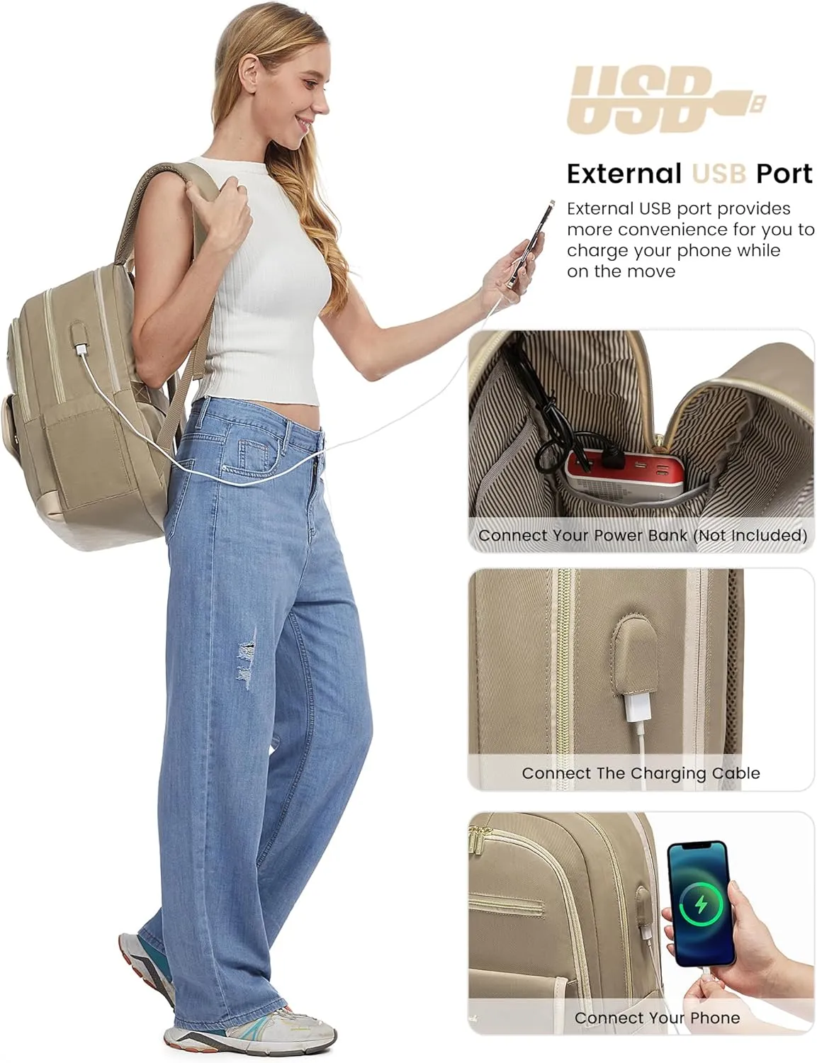 LOVEVOOK Laptop Backpack for Women,15.6 Inch Fashion Travel Backpack,Large Capacity Backpack Purse with USB,Water-resistant fits College Work Business Travel Beige & Brown