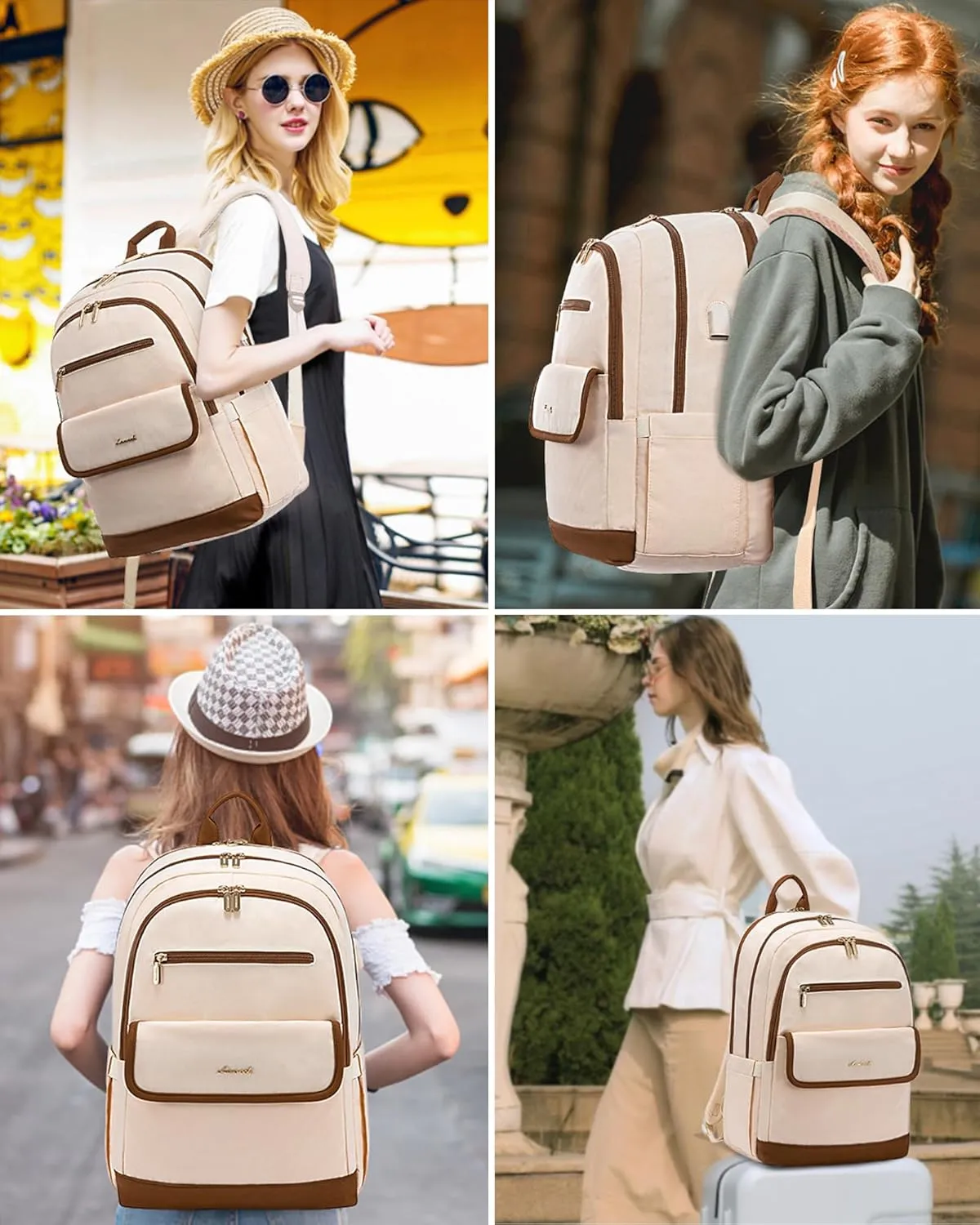 LOVEVOOK Laptop Backpack for Women,15.6 Inch Fashion Travel Backpack,Large Capacity Backpack Purse with USB,Water-resistant fits College Work Business Travel Beige