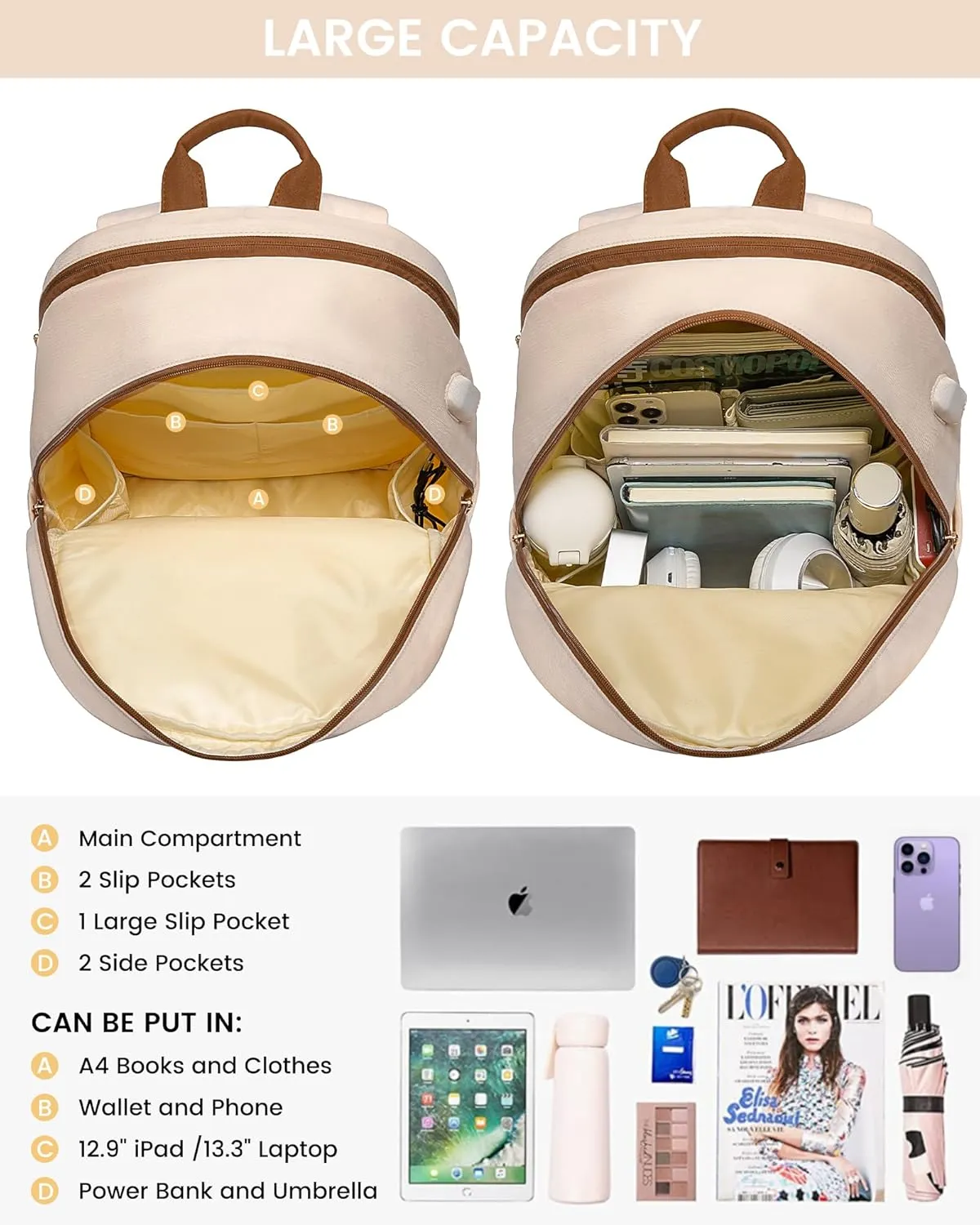 LOVEVOOK Laptop Backpack for Women,15.6 Inch Fashion Travel Backpack,Large Capacity Backpack Purse with USB,Water-resistant fits College Work Business Travel Beige