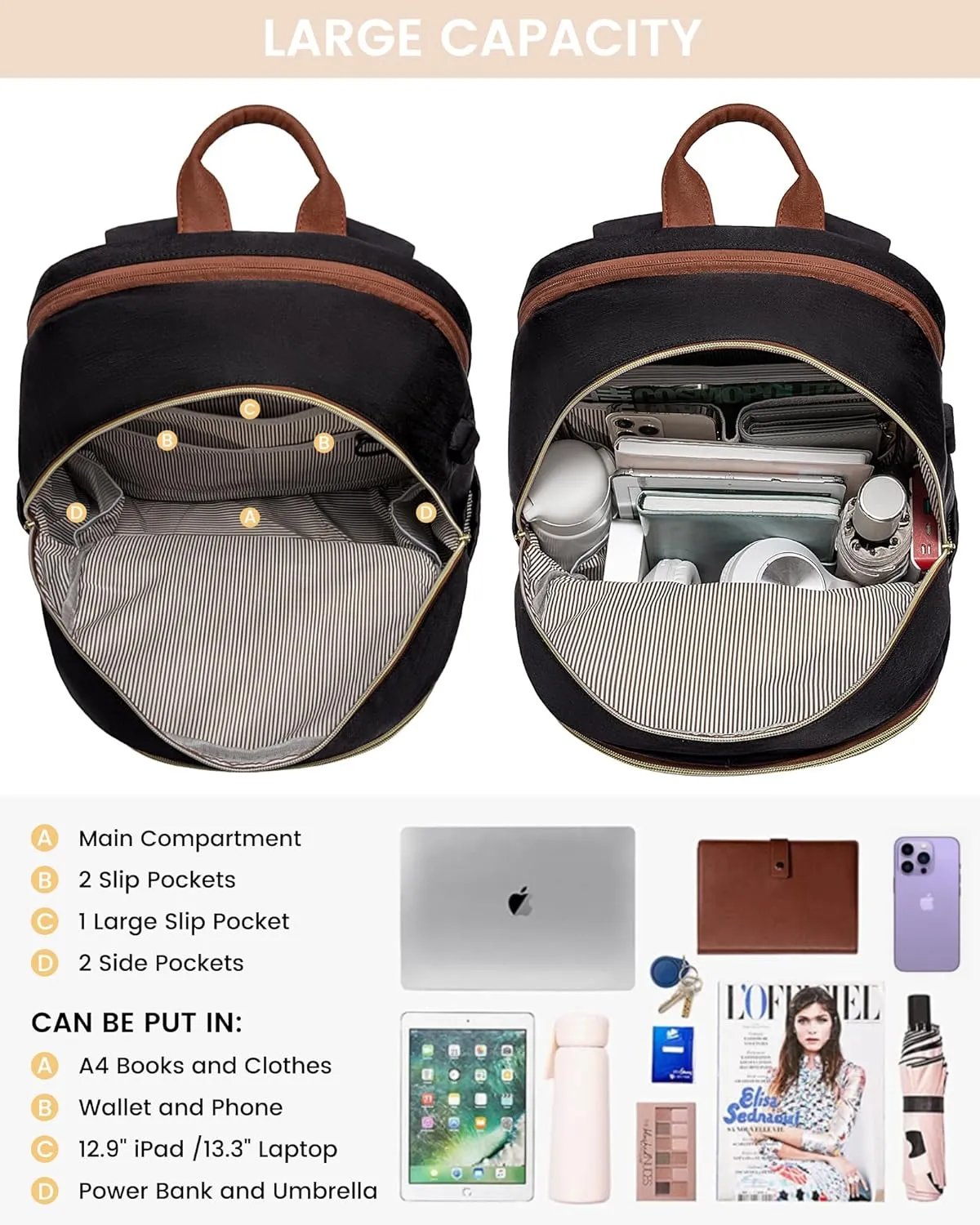 LOVEVOOK Laptop Backpack for Women,15.6 Inch Fashion Travel Backpack,Large Capacity Backpack Purse with USB,Water-resistant fits College Work Business Travel Black & Brown