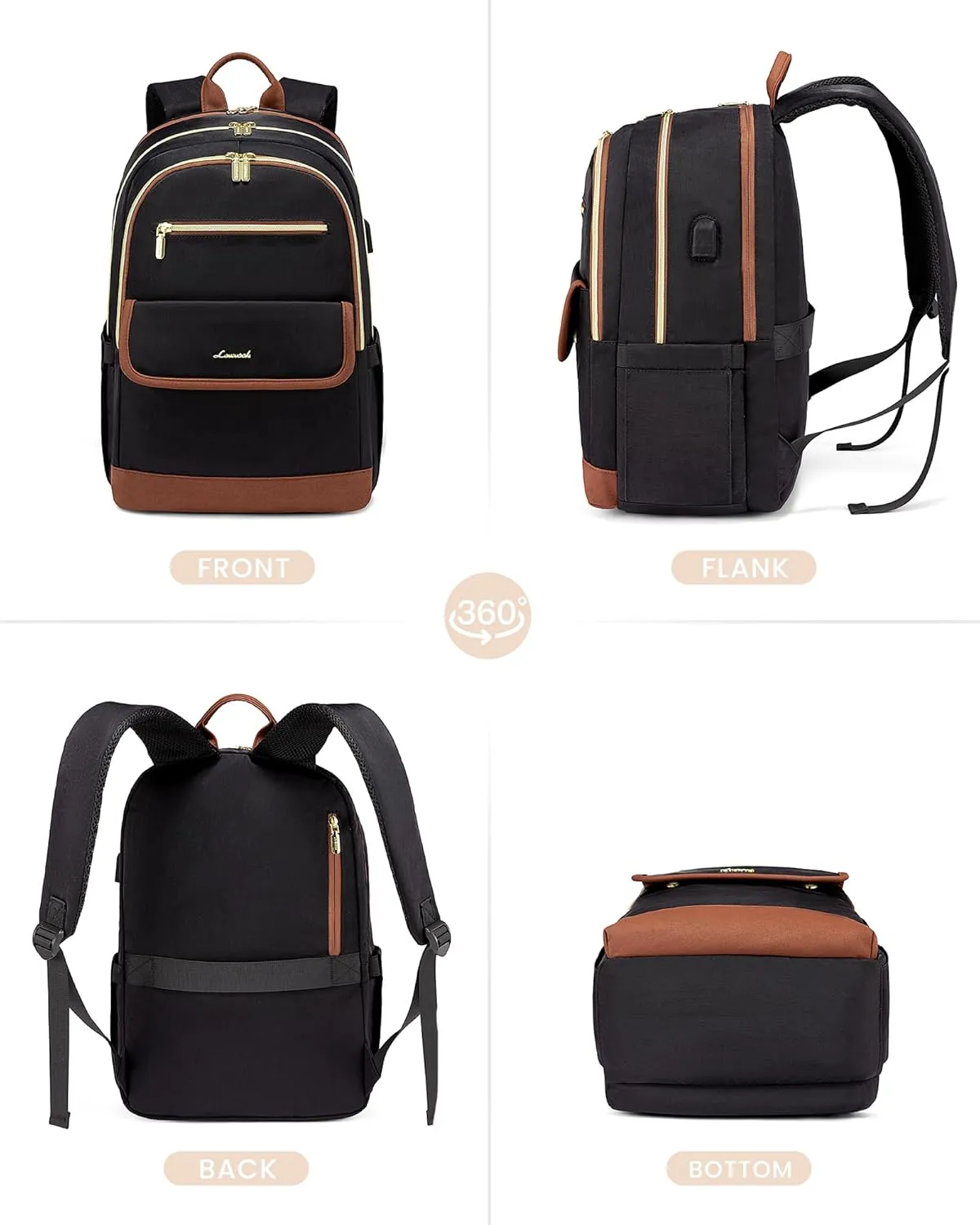 LOVEVOOK Laptop Backpack for Women,15.6 Inch Fashion Travel Backpack,Large Capacity Backpack Purse with USB,Water-resistant fits College Work Business Travel Black & Brown