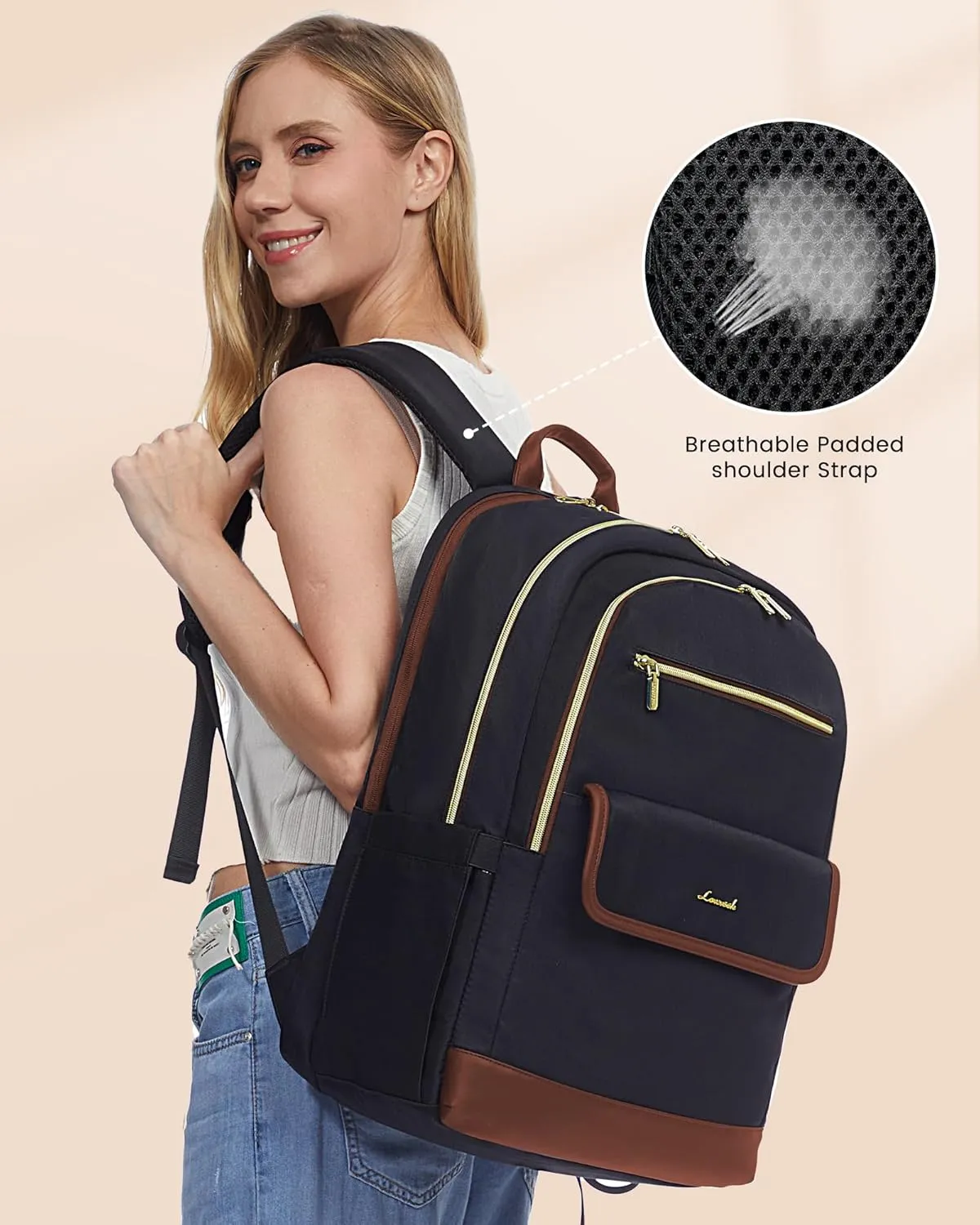 LOVEVOOK Laptop Backpack for Women,15.6 Inch Fashion Travel Backpack,Large Capacity Backpack Purse with USB,Water-resistant fits College Work Business Travel Black & Brown