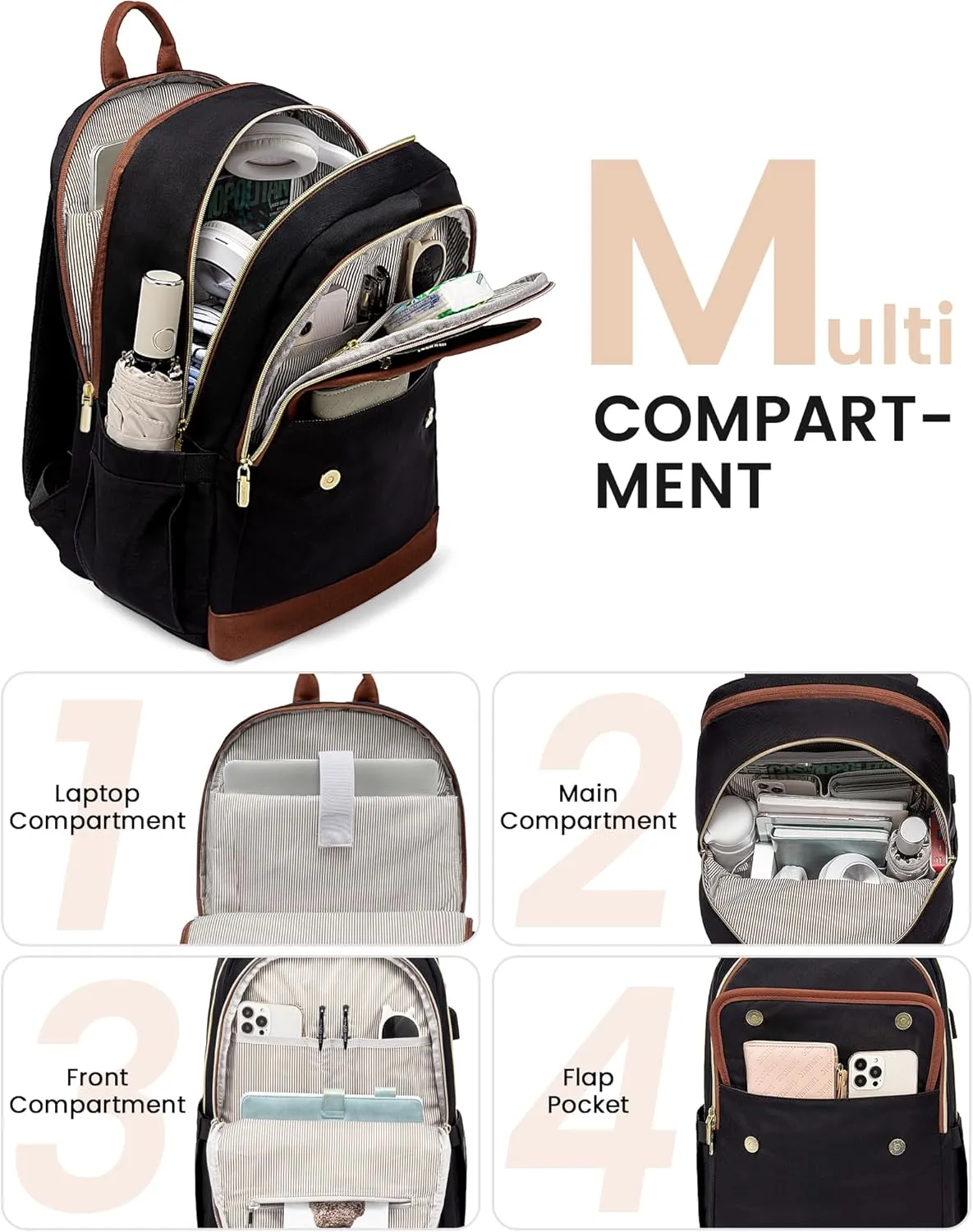 LOVEVOOK Laptop Backpack for Women,15.6 Inch Fashion Travel Backpack,Large Capacity Backpack Purse with USB,Water-resistant fits College Work Business Travel Black & Brown