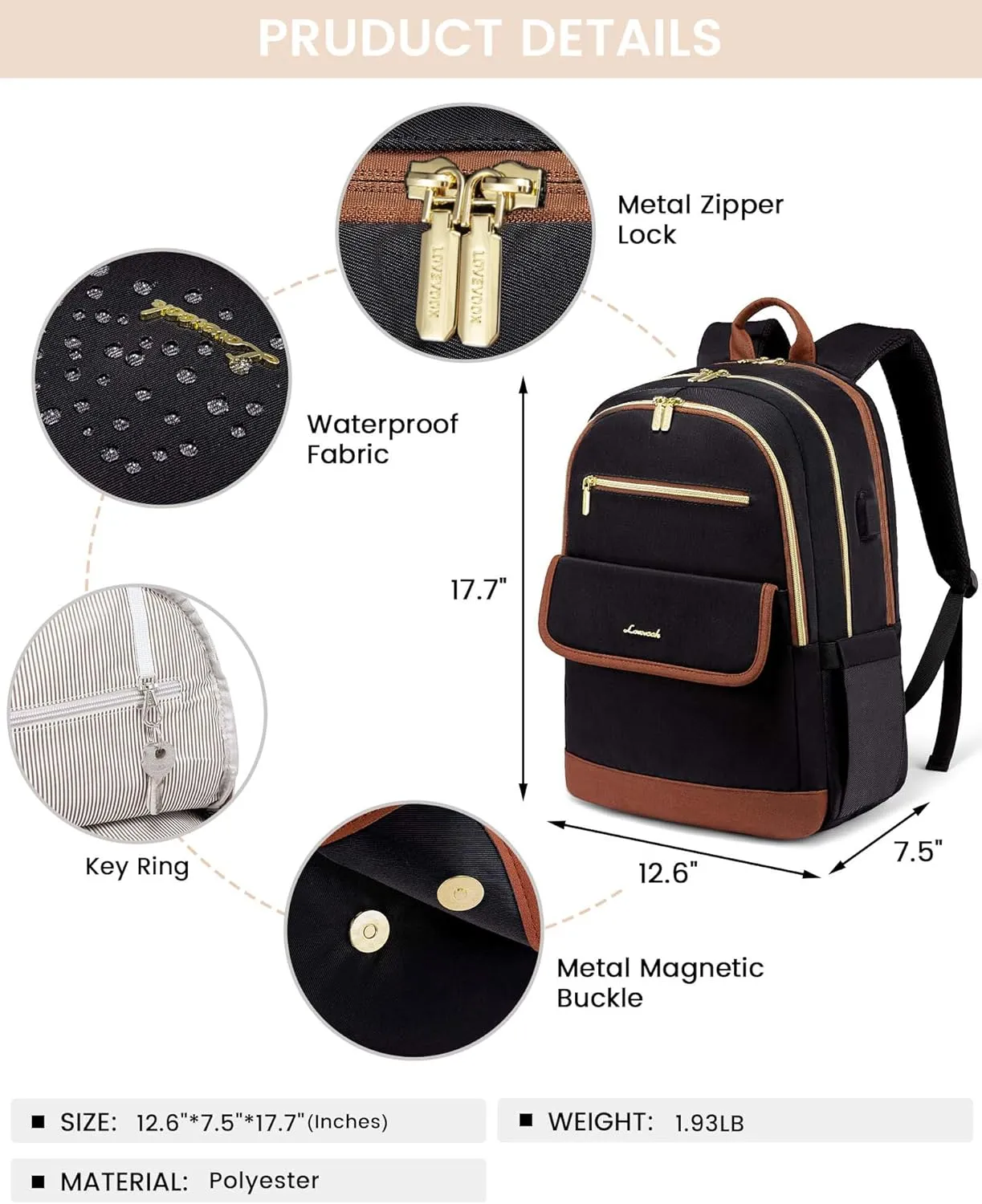 LOVEVOOK Laptop Backpack for Women,15.6 Inch Fashion Travel Backpack,Large Capacity Backpack Purse with USB,Water-resistant fits College Work Business Travel Black & Brown