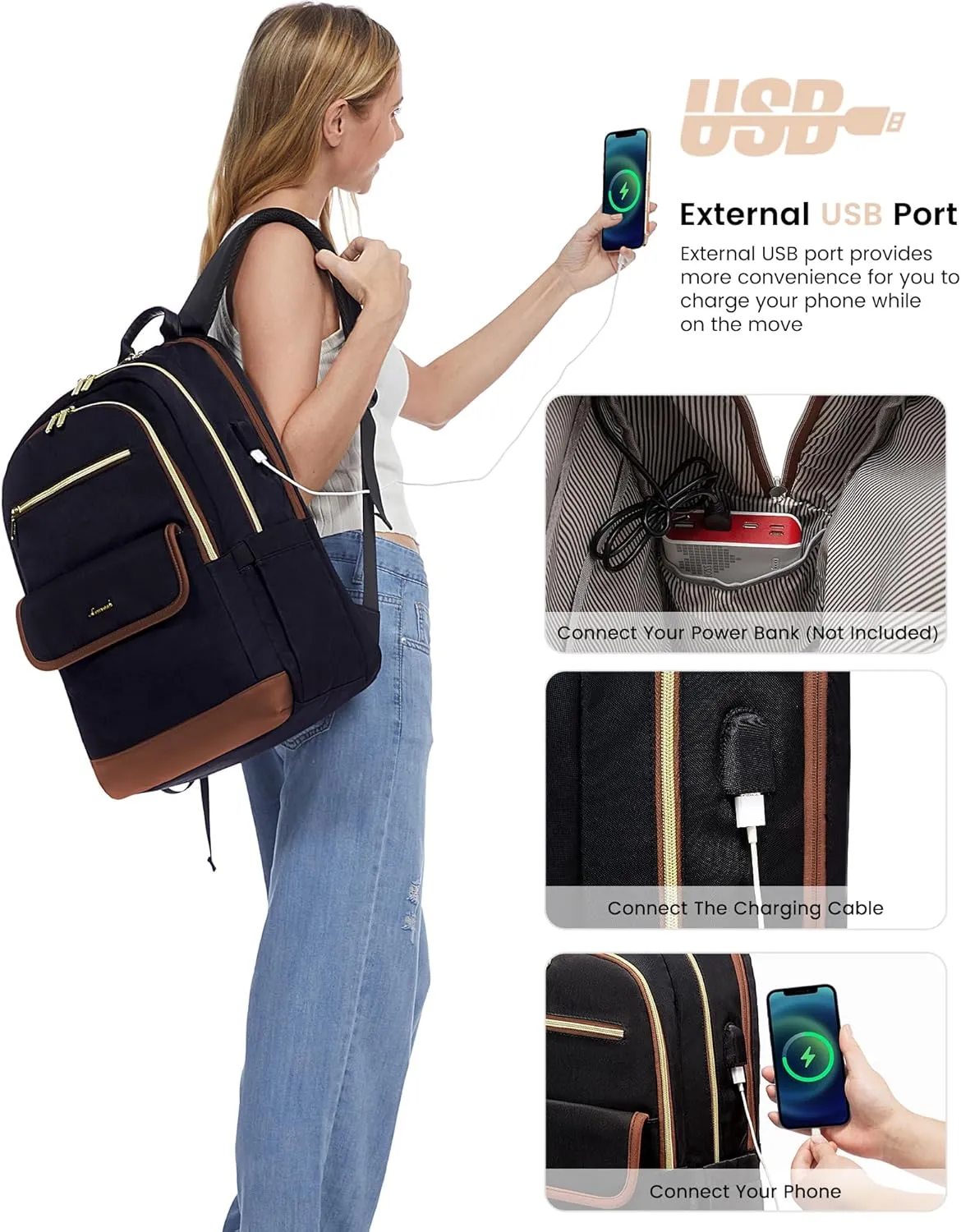 LOVEVOOK Laptop Backpack for Women,15.6 Inch Fashion Travel Backpack,Large Capacity Backpack Purse with USB,Water-resistant fits College Work Business Travel Black & Brown