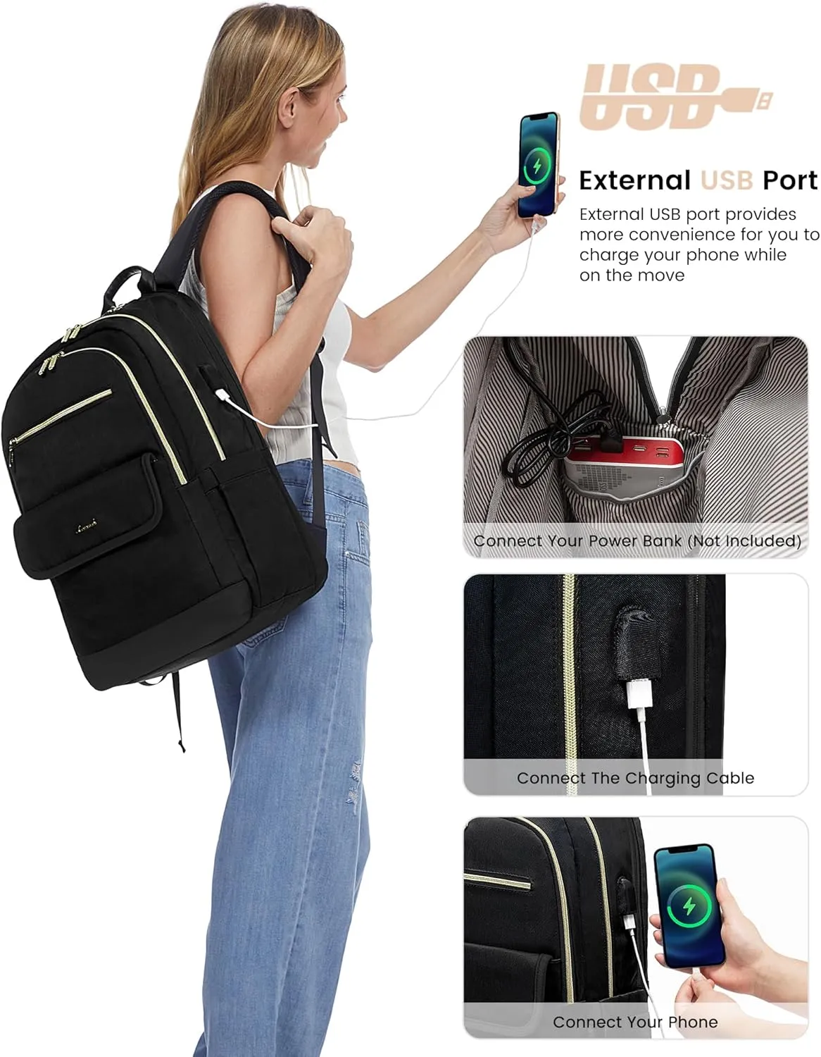LOVEVOOK Laptop Backpack for Women,15.6 Inch Fashion Travel Backpack,Large Capacity Backpack Purse with USB,Water-resistant fits College Work Business Travel Black