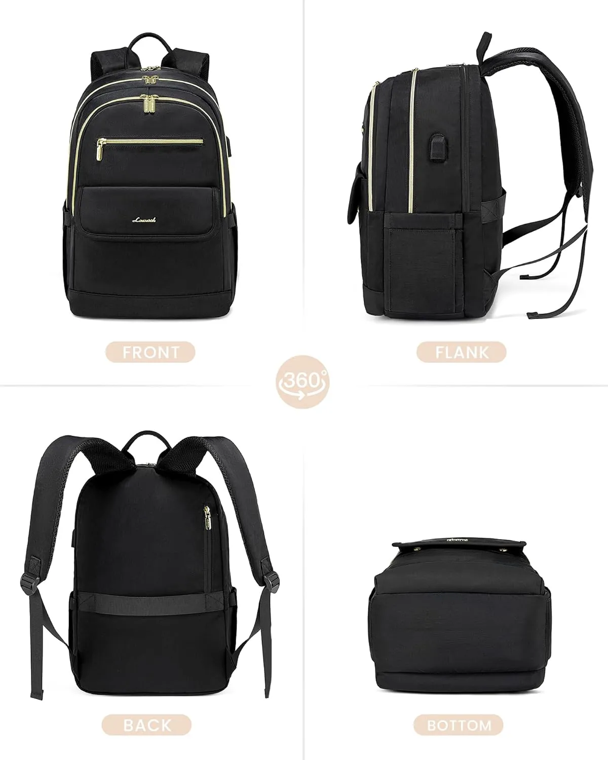 LOVEVOOK Laptop Backpack for Women,15.6 Inch Fashion Travel Backpack,Large Capacity Backpack Purse with USB,Water-resistant fits College Work Business Travel Black