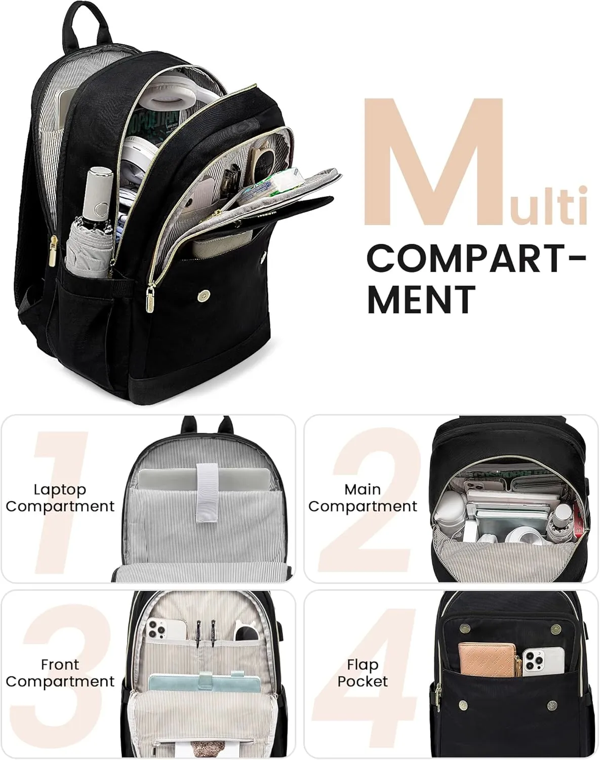 LOVEVOOK Laptop Backpack for Women,15.6 Inch Fashion Travel Backpack,Large Capacity Backpack Purse with USB,Water-resistant fits College Work Business Travel Black