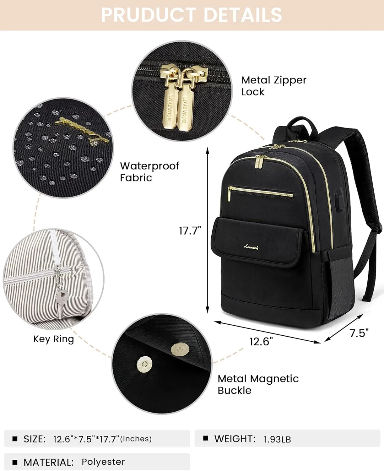 LOVEVOOK Laptop Backpack for Women,15.6 Inch Fashion Travel Backpack,Large Capacity Backpack Purse with USB,Water-resistant fits College Work Business Travel Black
