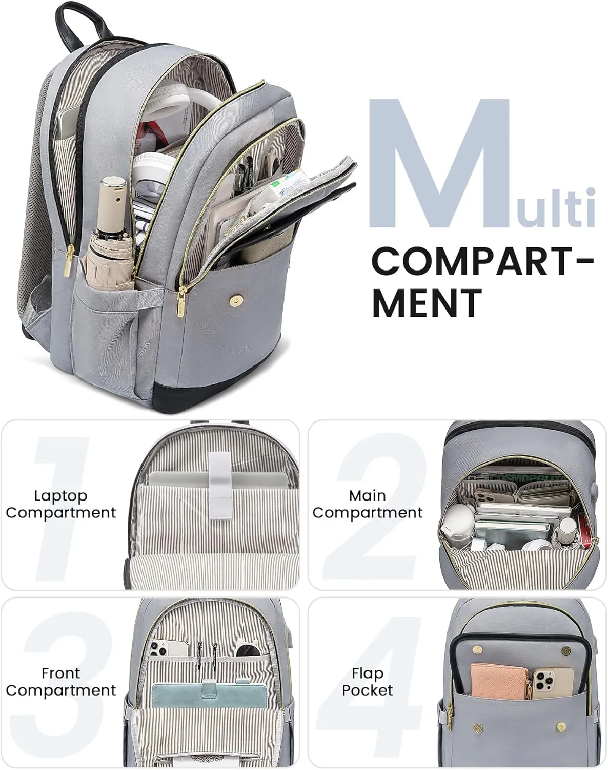 LOVEVOOK Laptop Backpack for Women,15.6 Inch Fashion Travel Backpack,Large Capacity Backpack Purse with USB,Water-resistant fits College Work Business TravelBlack & Grey