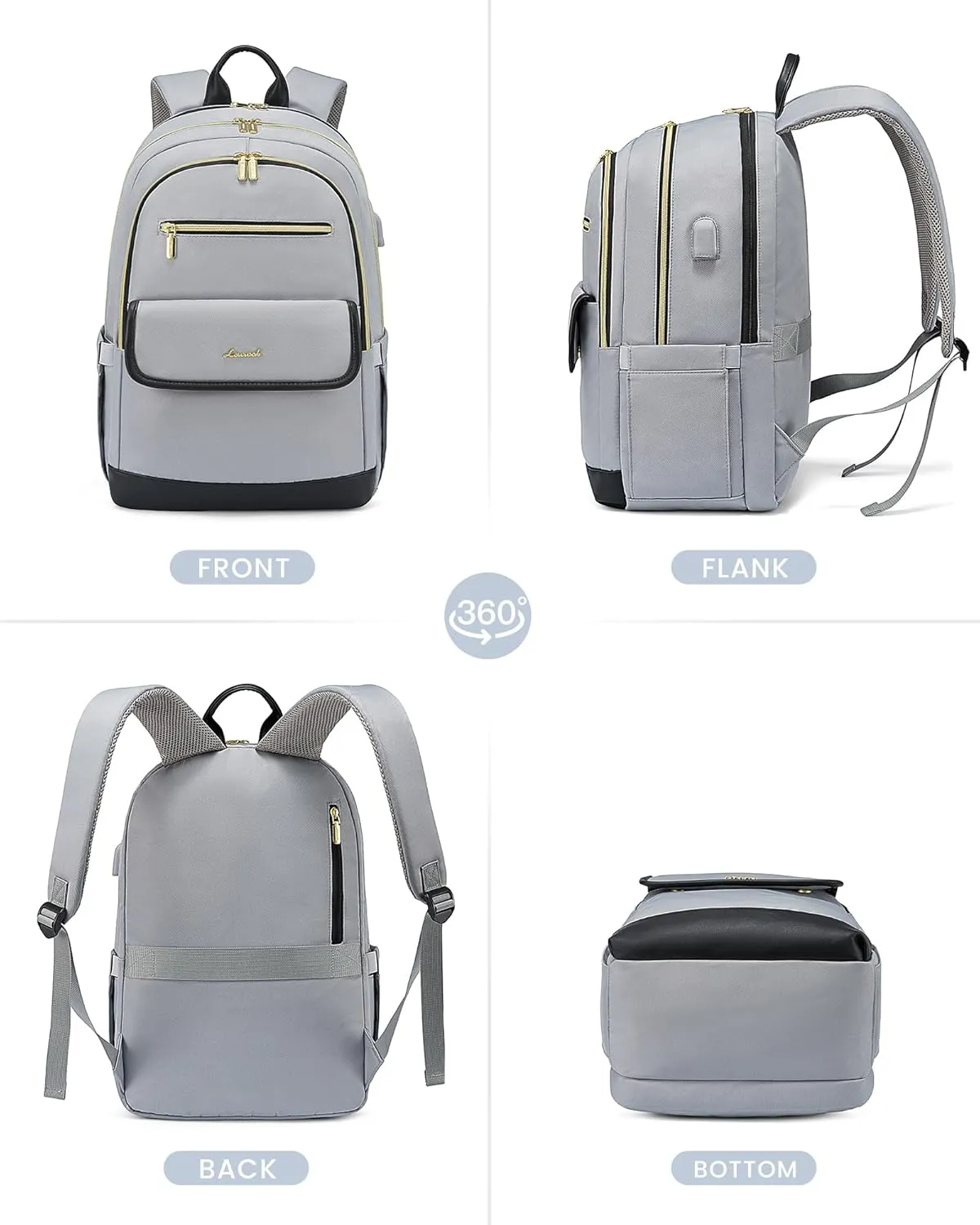 LOVEVOOK Laptop Backpack for Women,15.6 Inch Fashion Travel Backpack,Large Capacity Backpack Purse with USB,Water-resistant fits College Work Business TravelBlack & Grey