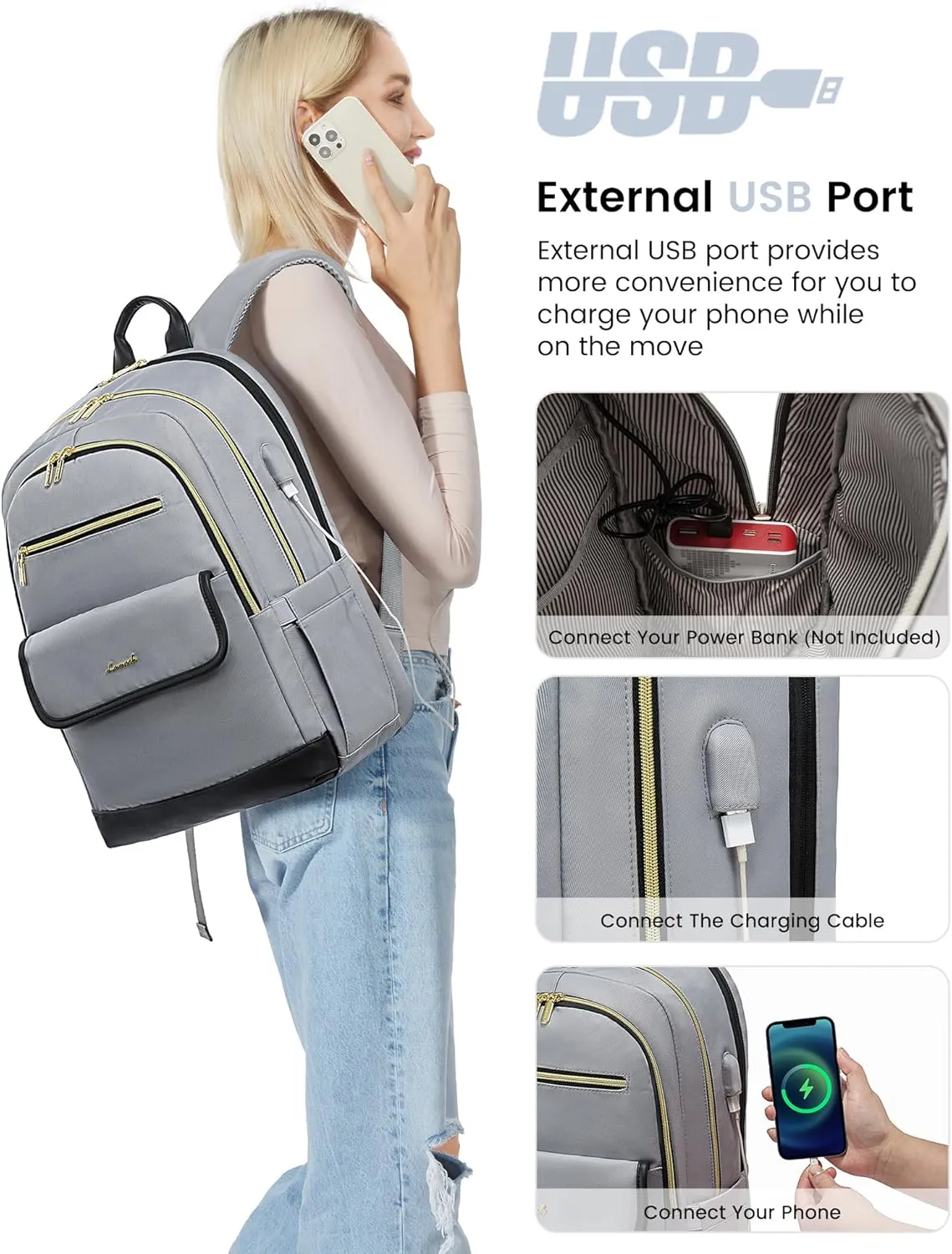 LOVEVOOK Laptop Backpack for Women,15.6 Inch Fashion Travel Backpack,Large Capacity Backpack Purse with USB,Water-resistant fits College Work Business TravelBlack & Grey