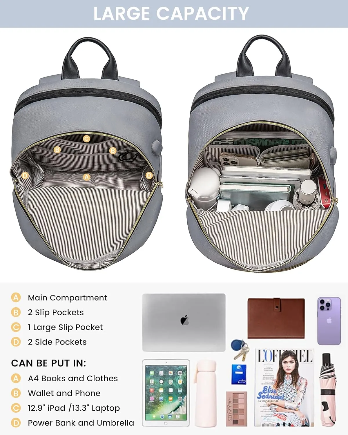 LOVEVOOK Laptop Backpack for Women,15.6 Inch Fashion Travel Backpack,Large Capacity Backpack Purse with USB,Water-resistant fits College Work Business TravelBlack & Grey