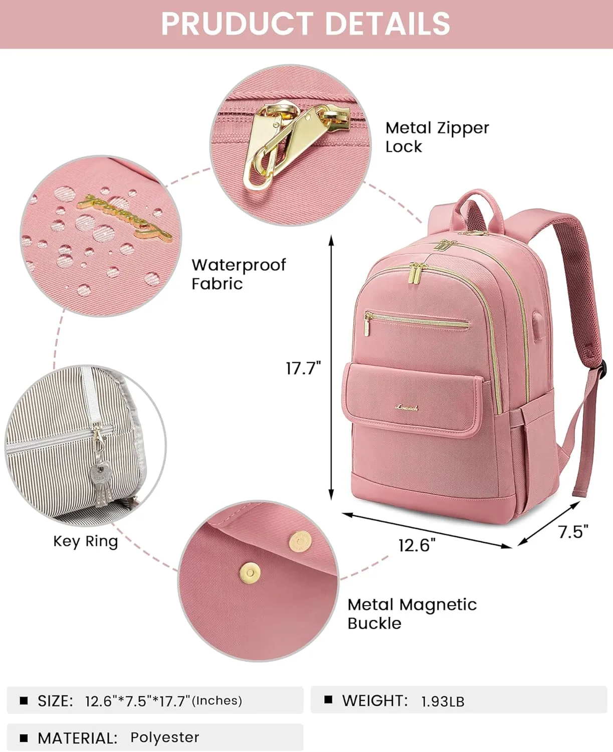 LOVEVOOK Laptop Backpack for Women,15.6 Inch Fashion Travel Backpack,Large Capacity Backpack Purse with USB,Water-resistant fits College Work Business TravelPink