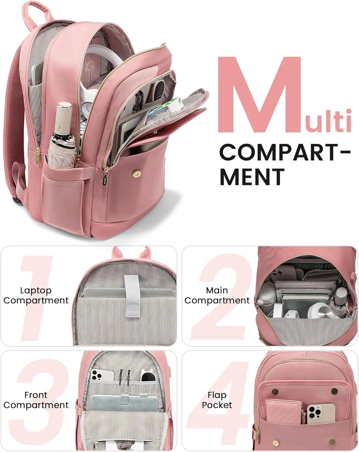 LOVEVOOK Laptop Backpack for Women,15.6 Inch Fashion Travel Backpack,Large Capacity Backpack Purse with USB,Water-resistant fits College Work Business TravelPink