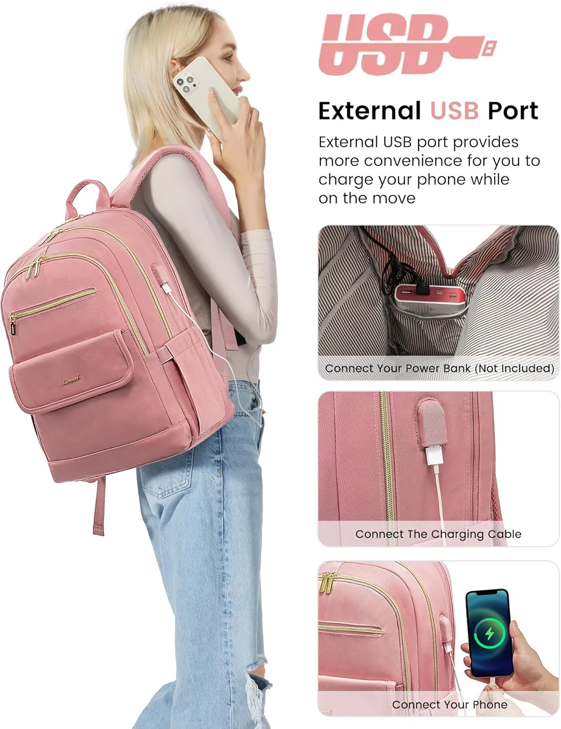 LOVEVOOK Laptop Backpack for Women,15.6 Inch Fashion Travel Backpack,Large Capacity Backpack Purse with USB,Water-resistant fits College Work Business TravelPink
