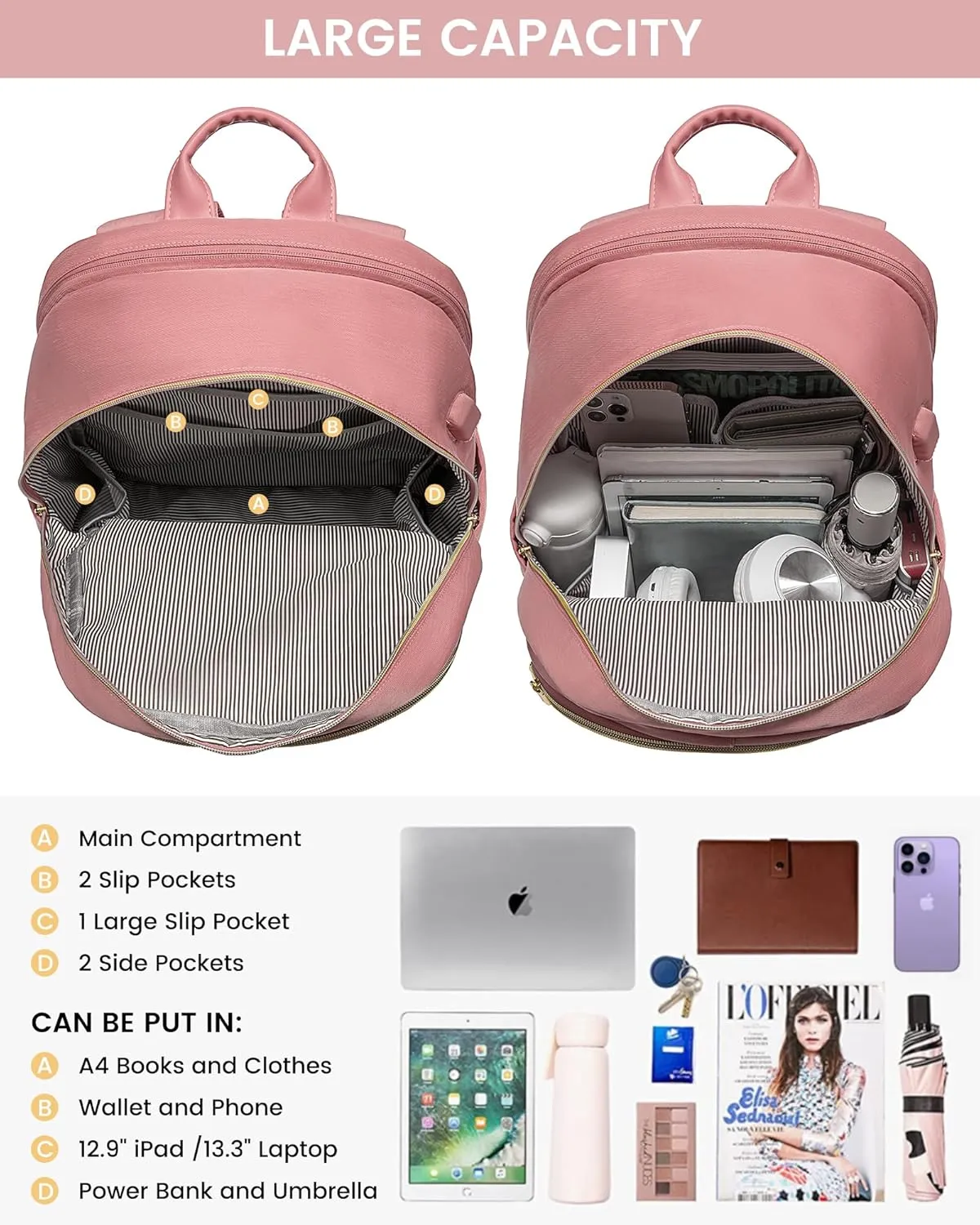 LOVEVOOK Laptop Backpack for Women,15.6 Inch Fashion Travel Backpack,Large Capacity Backpack Purse with USB,Water-resistant fits College Work Business TravelPink