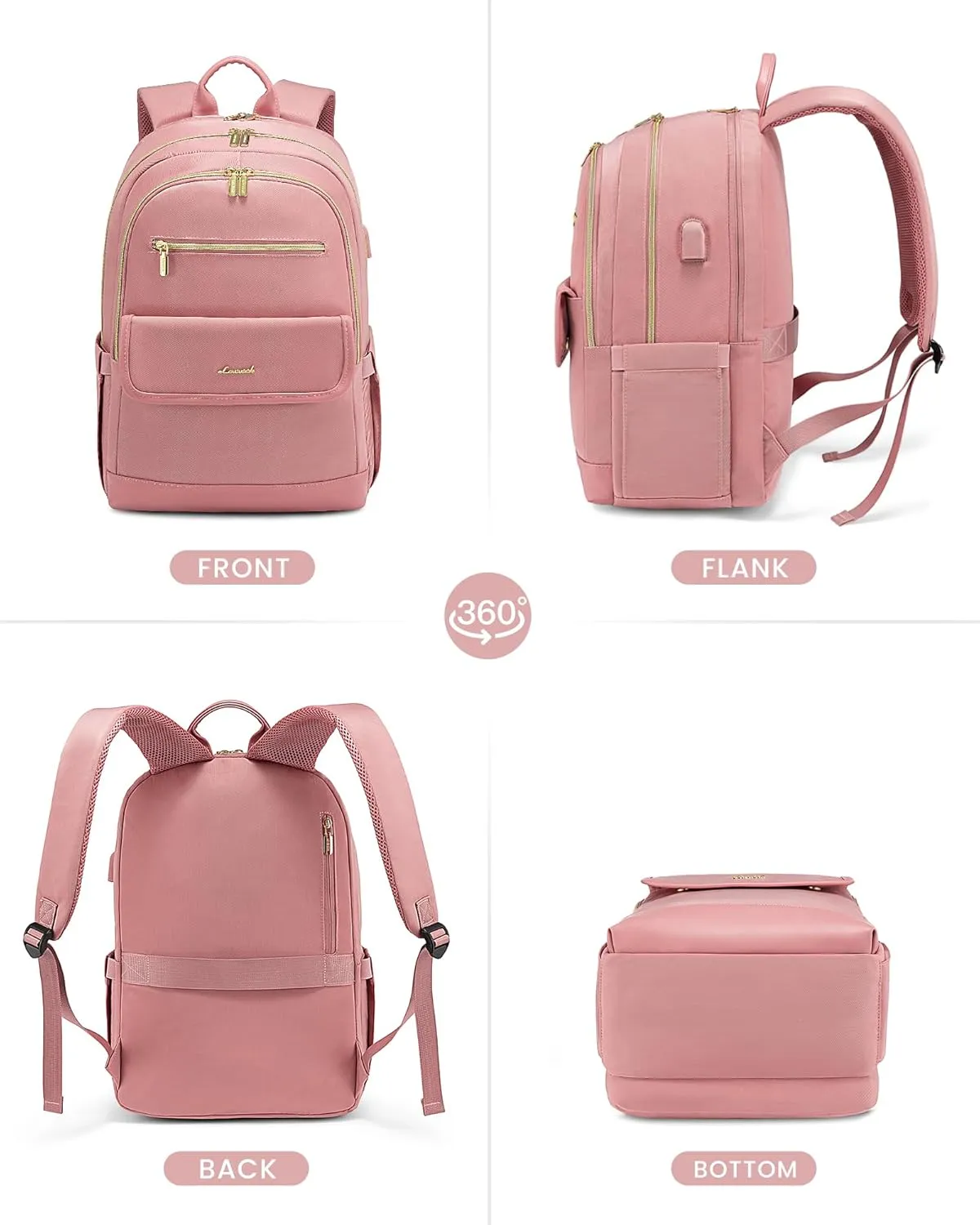 LOVEVOOK Laptop Backpack for Women,15.6 Inch Fashion Travel Backpack,Large Capacity Backpack Purse with USB,Water-resistant fits College Work Business TravelPink