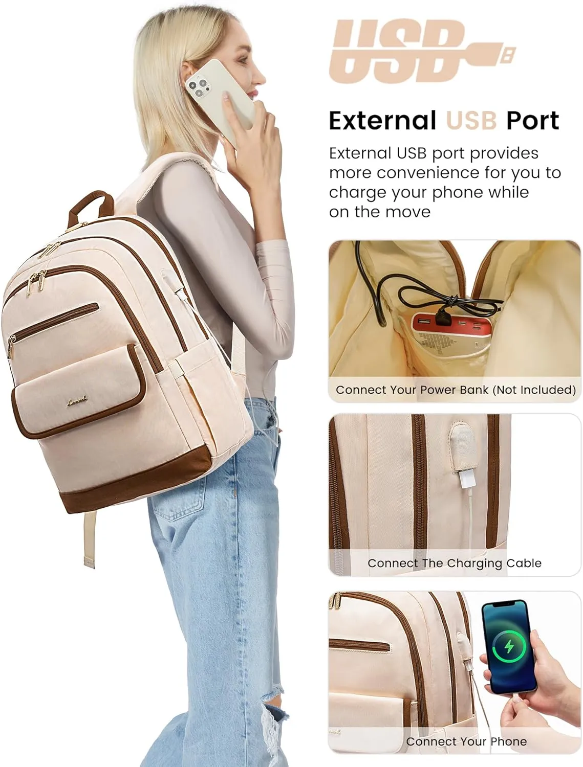 LOVEVOOK Laptop Backpack for Women,17 Inch Fashion Travel Backpack,Large Capacity Backpack Purse with USB,Water-resistant fits College Work Business Travel Beige