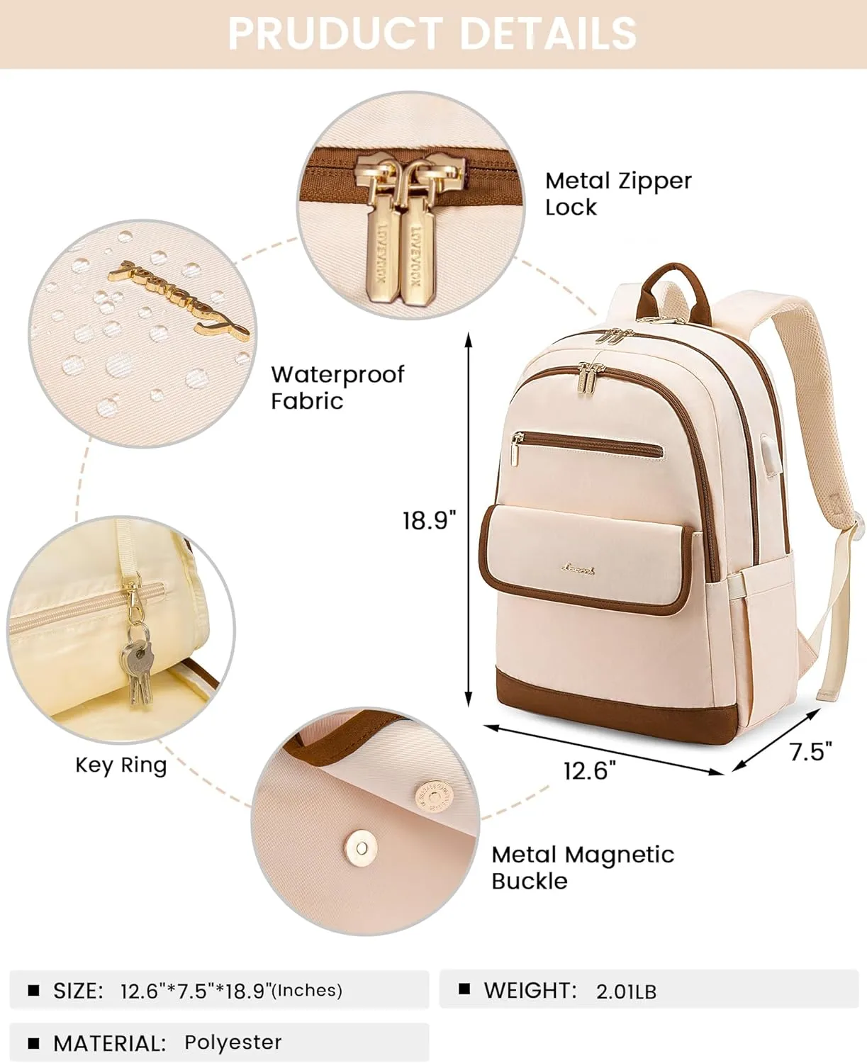 LOVEVOOK Laptop Backpack for Women,17 Inch Fashion Travel Backpack,Large Capacity Backpack Purse with USB,Water-resistant fits College Work Business Travel Beige