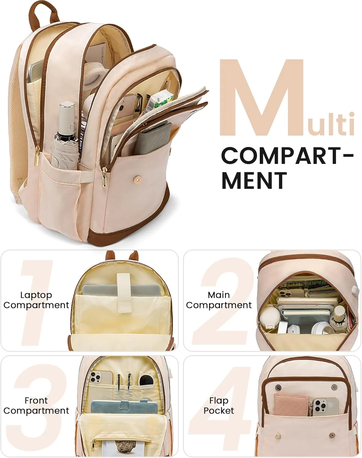 LOVEVOOK Laptop Backpack for Women,17 Inch Fashion Travel Backpack,Large Capacity Backpack Purse with USB,Water-resistant fits College Work Business Travel Beige