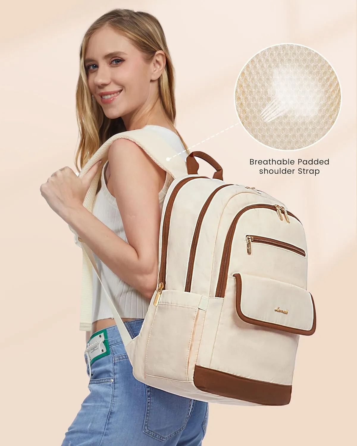 LOVEVOOK Laptop Backpack for Women,17 Inch Fashion Travel Backpack,Large Capacity Backpack Purse with USB,Water-resistant fits College Work Business Travel Beige