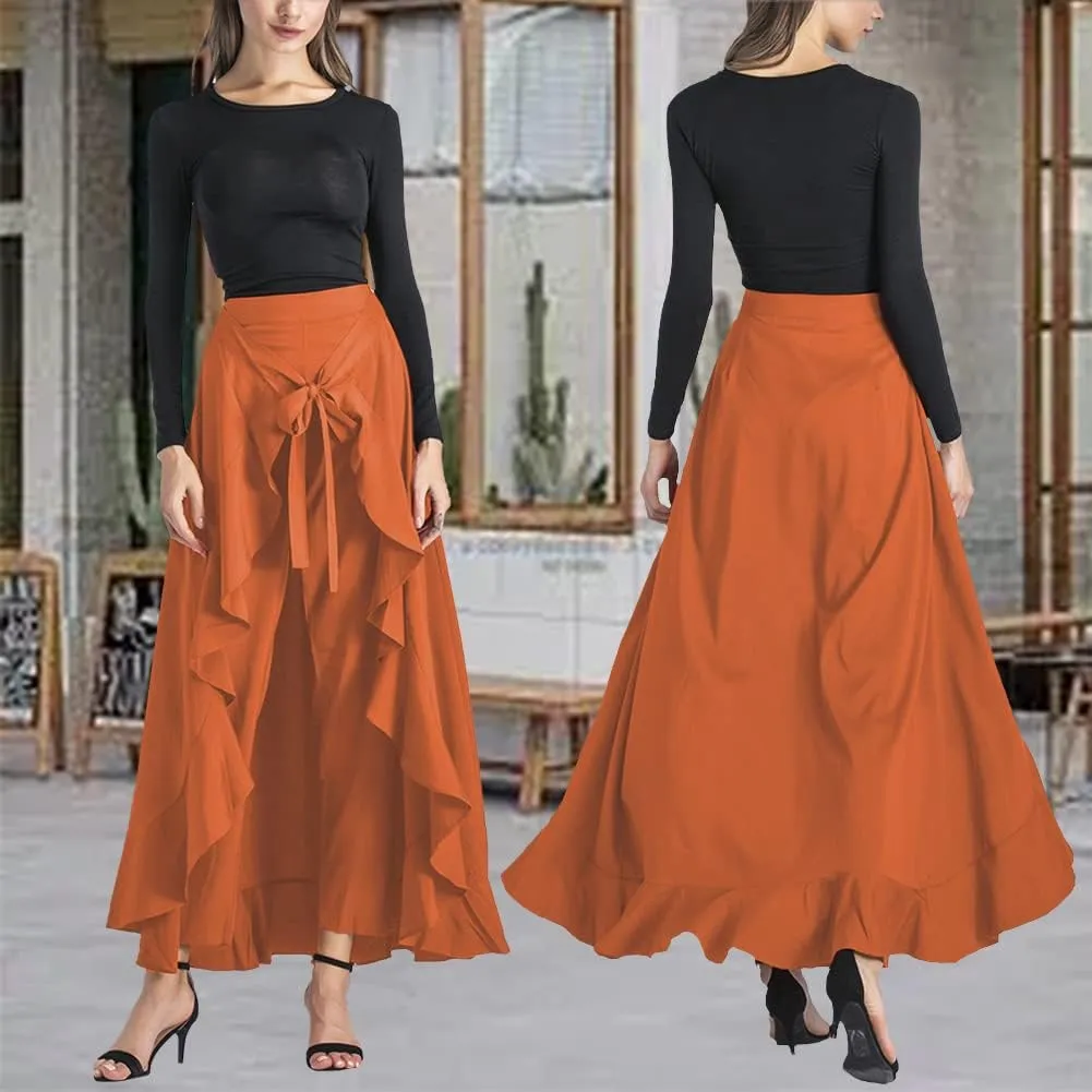 Lrady Women's Ruffle Pants High Waist Trousers Casual Beach Maxi Long Palazzo Overlay Pant Skirts