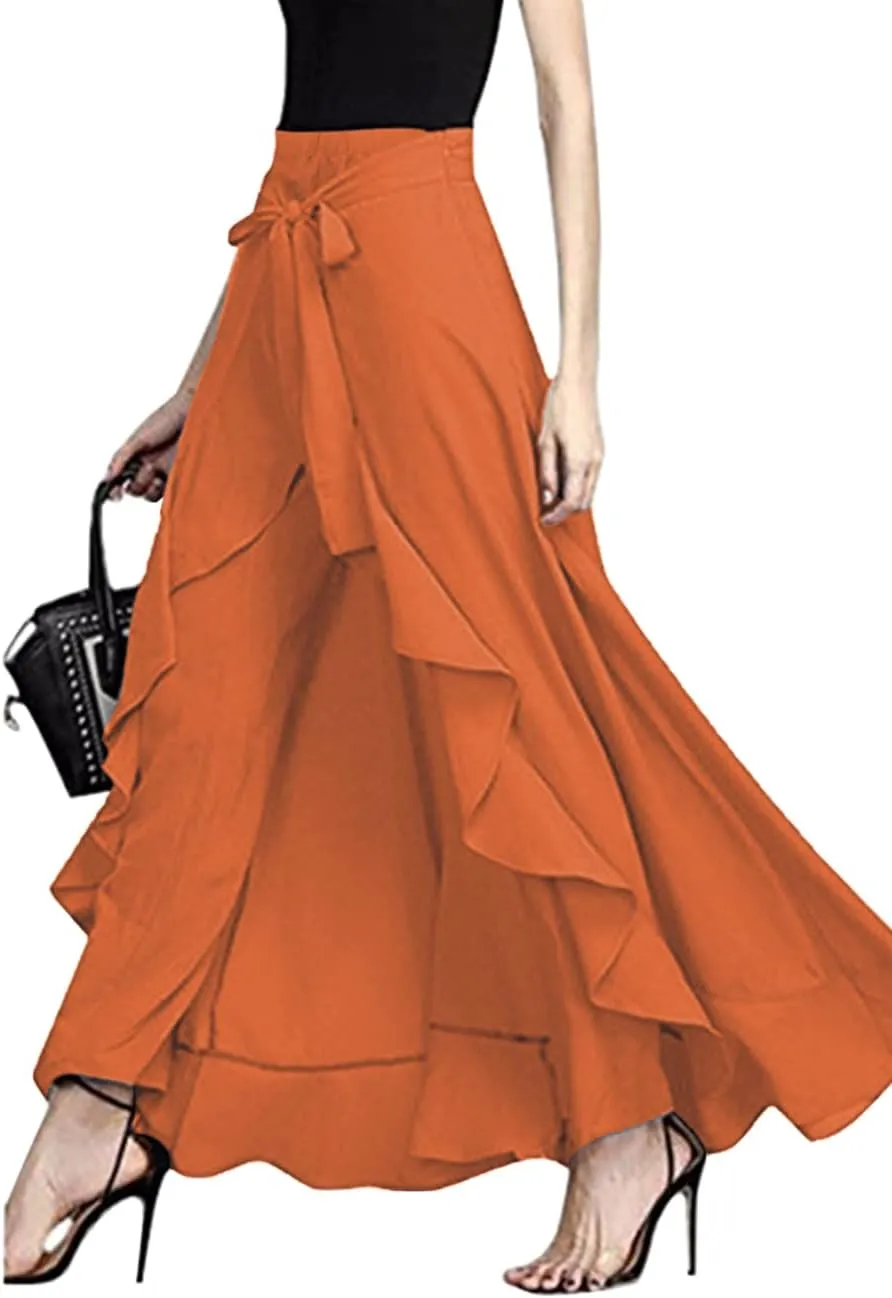 Lrady Women's Ruffle Pants High Waist Trousers Casual Beach Maxi Long Palazzo Overlay Pant Skirts