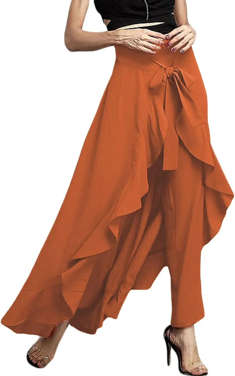 Lrady Women's Ruffle Pants High Waist Trousers Casual Beach Maxi Long Palazzo Overlay Pant Skirts