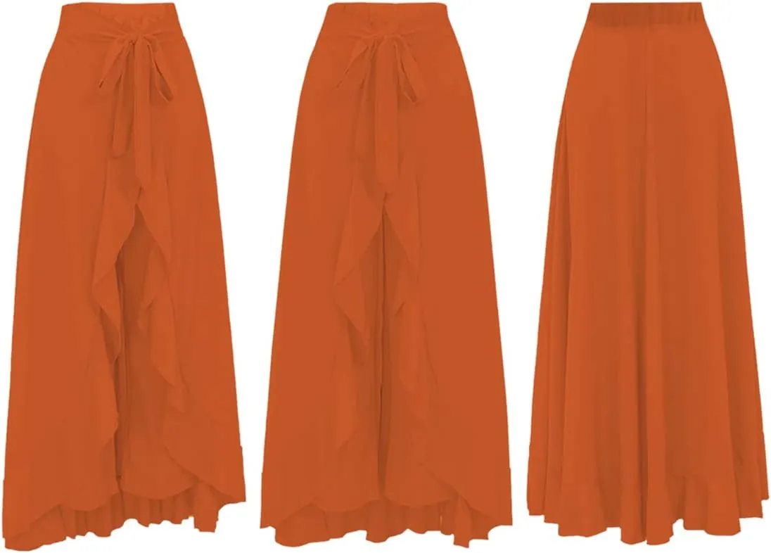 Lrady Women's Ruffle Pants High Waist Trousers Casual Beach Maxi Long Palazzo Overlay Pant Skirts